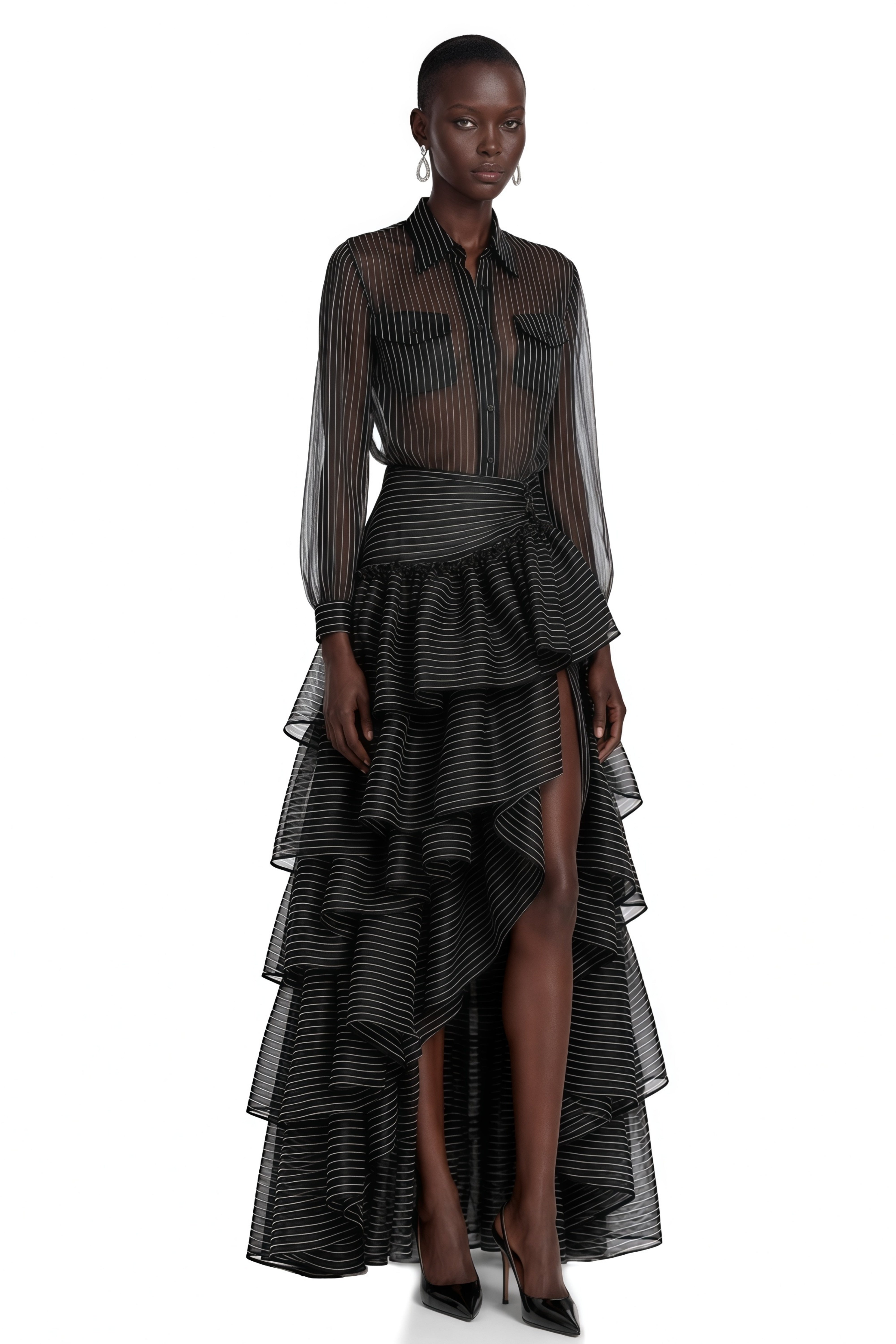 Black striped sheer maxi dress with a long-sleeve button-up top and a tiered ruffled skirt