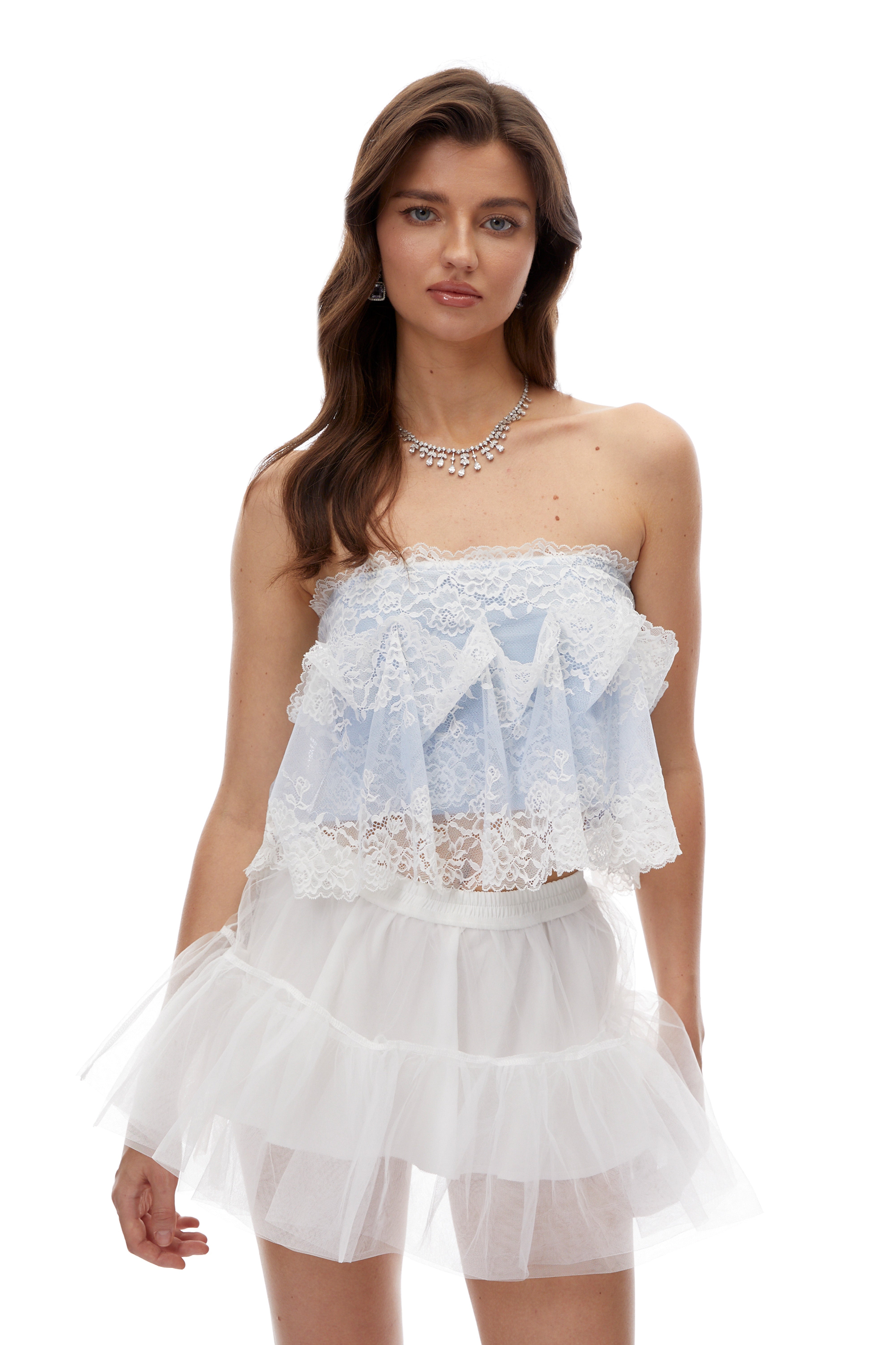 Paloma Blue Lace Ruffled Strapless Crop Top