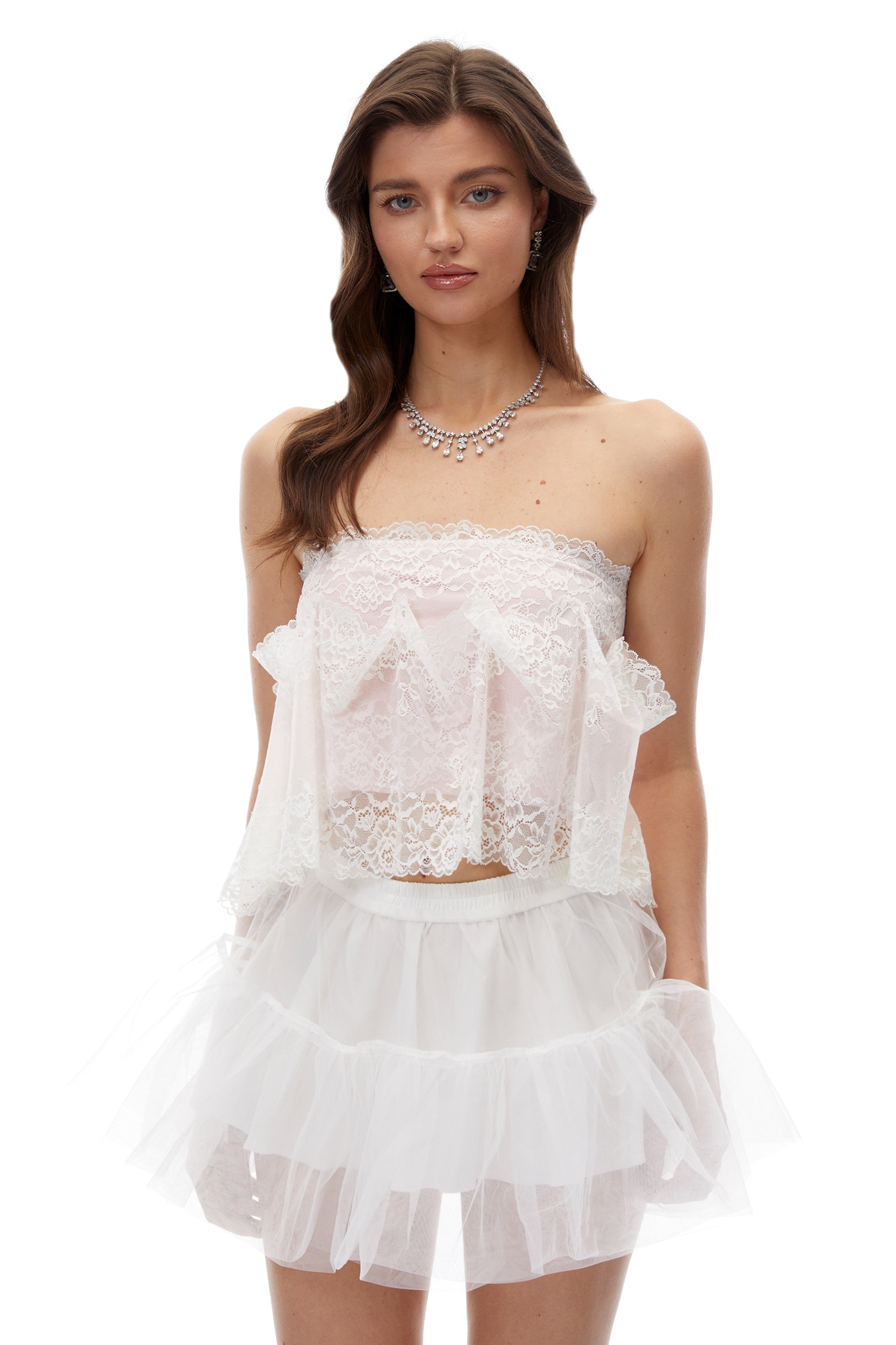 Paloma Pink Lace Ruffled Strapless Crop Top