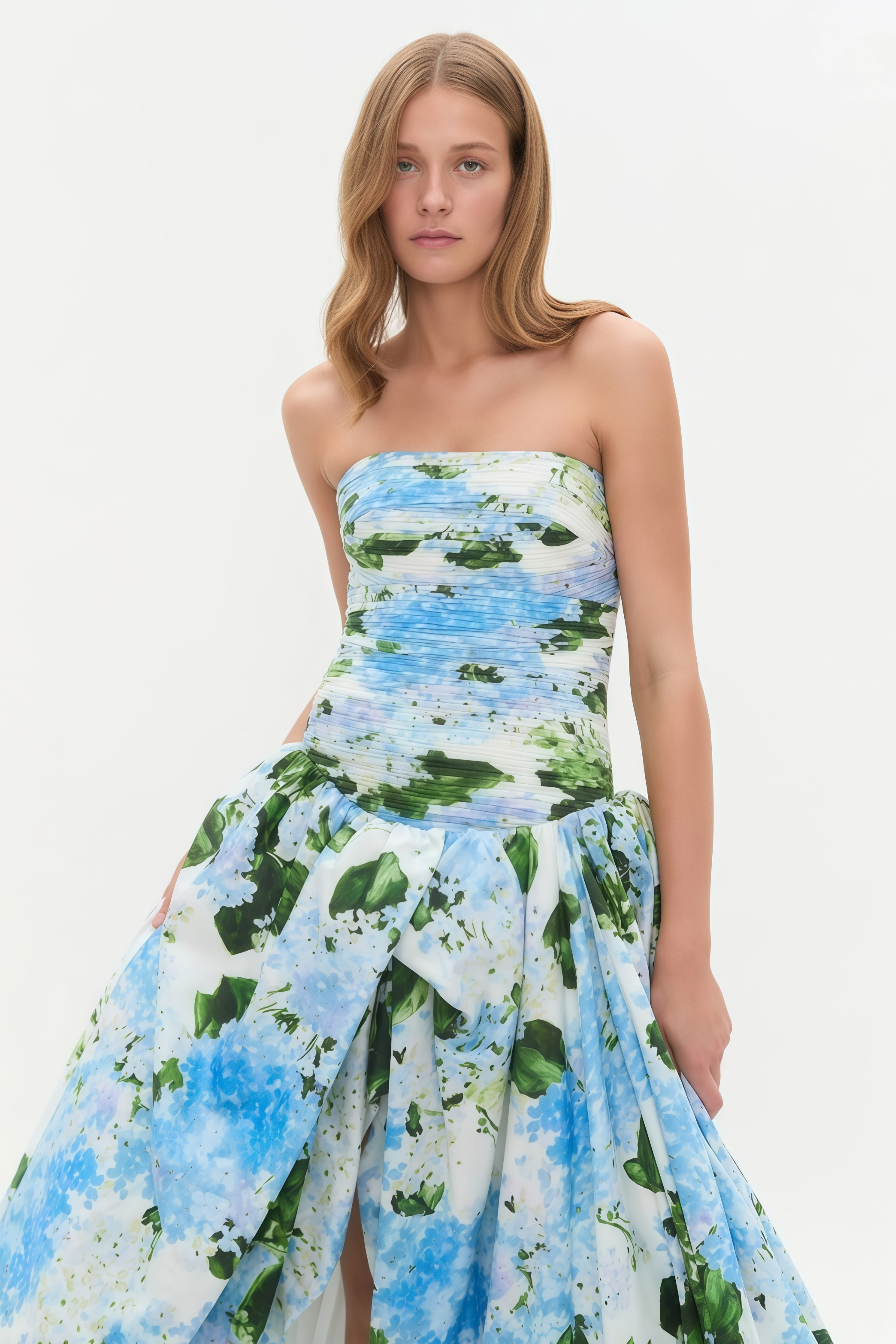 Blue Floral Print Pleated Maxi Dress