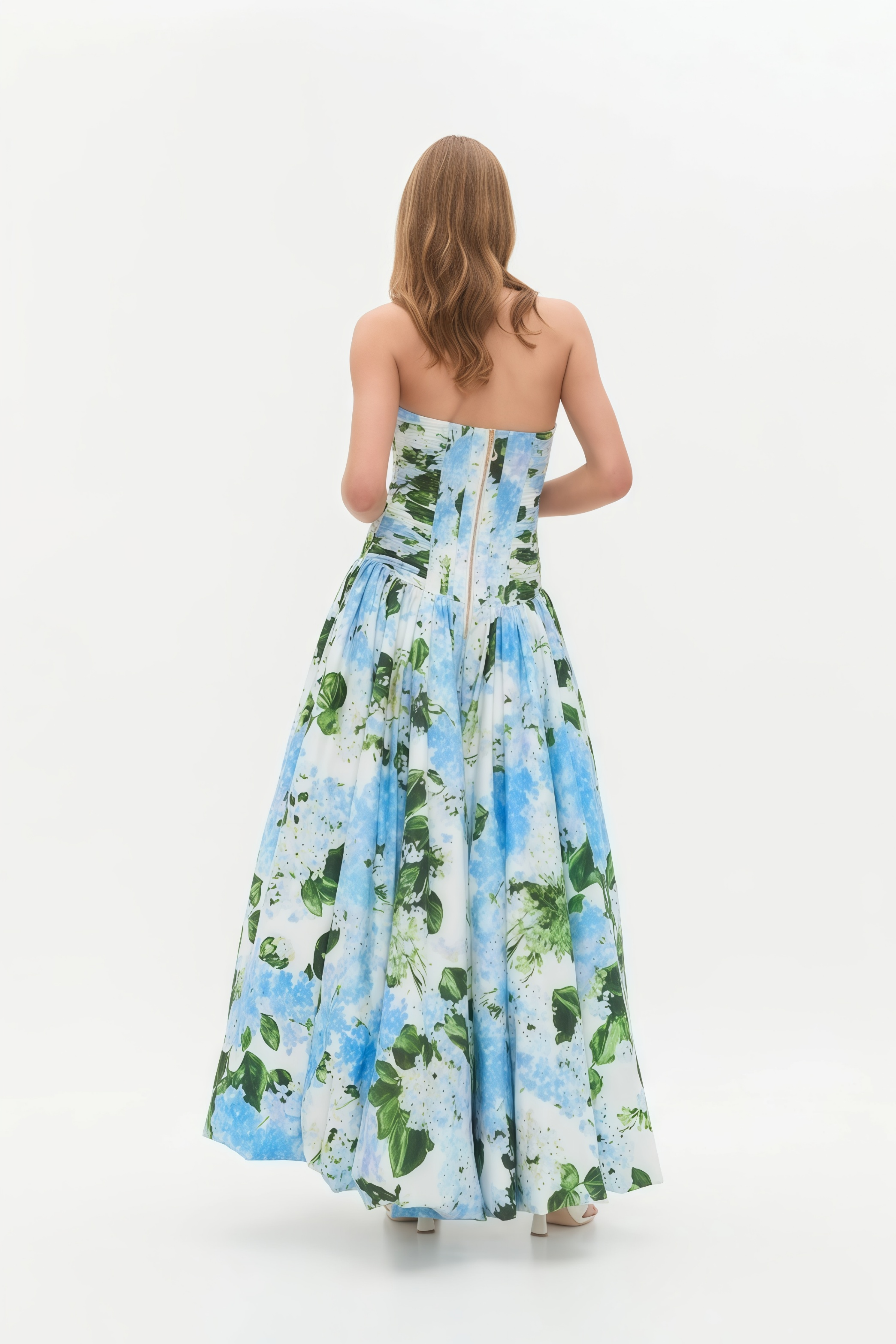 Blue Floral Print Pleated Maxi Dress