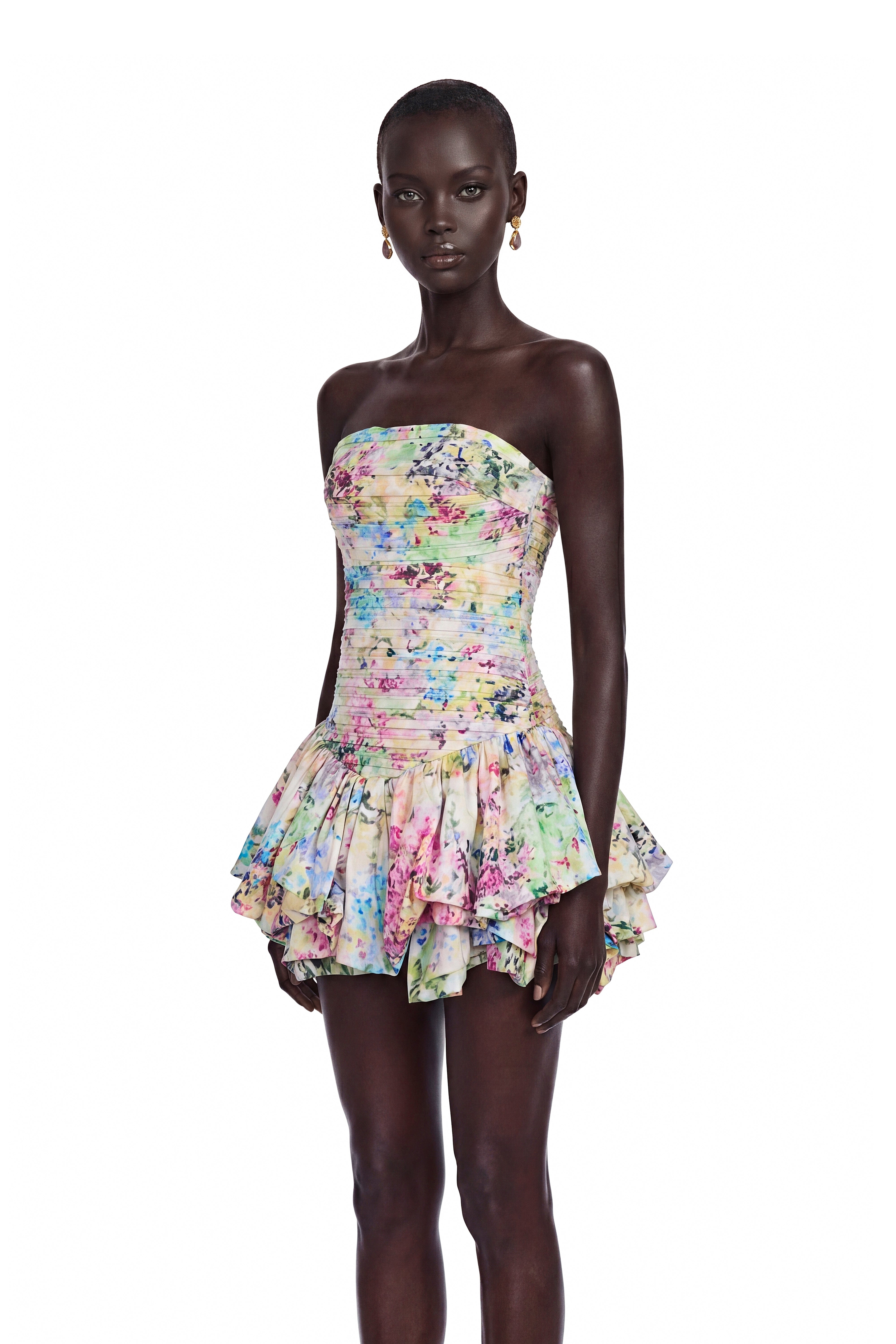 Parastoo Multicolor Floral Print Puffball Mini Dress