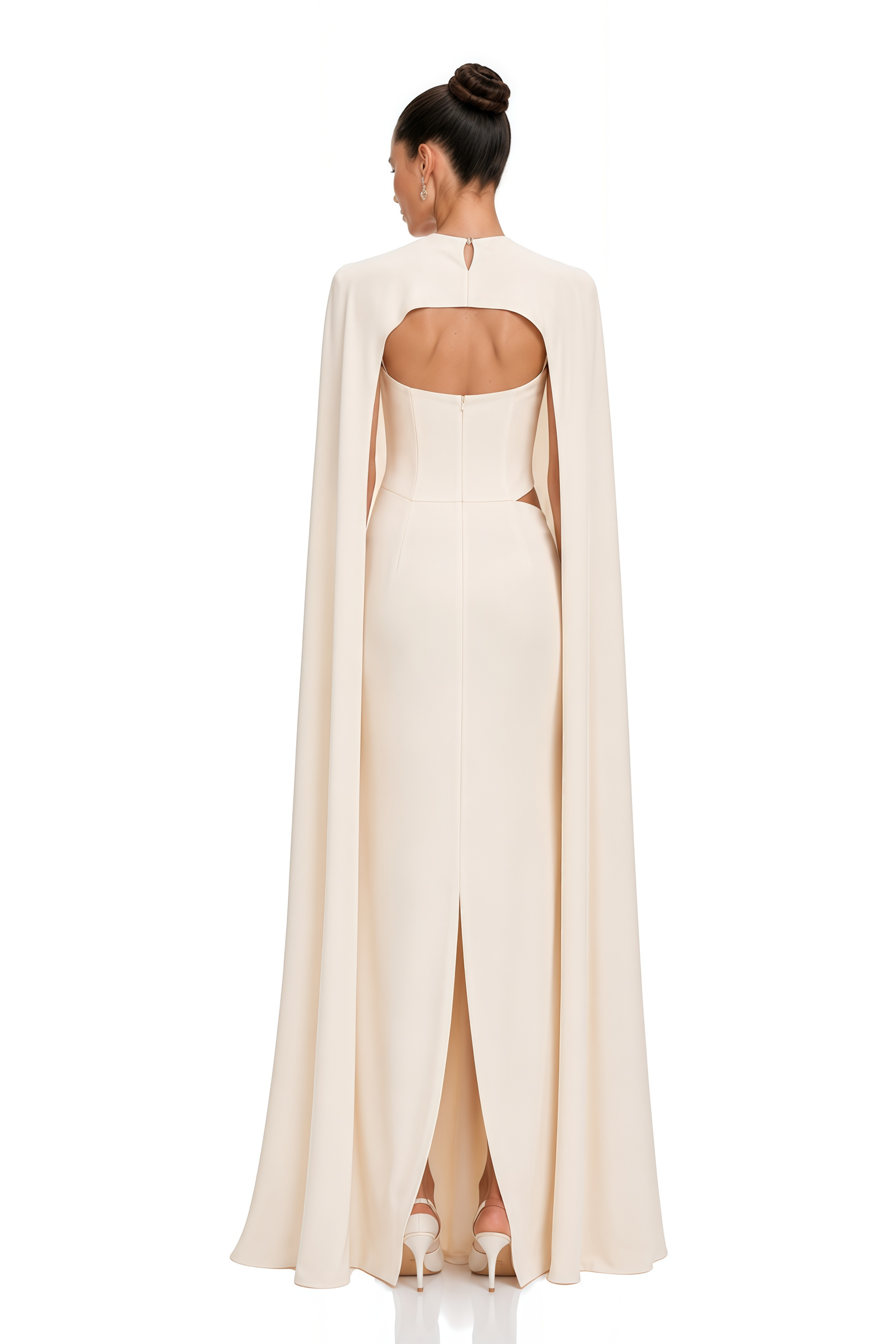 Patricie White Ruched Maxi Dress & Cape Set with Metal Hardware