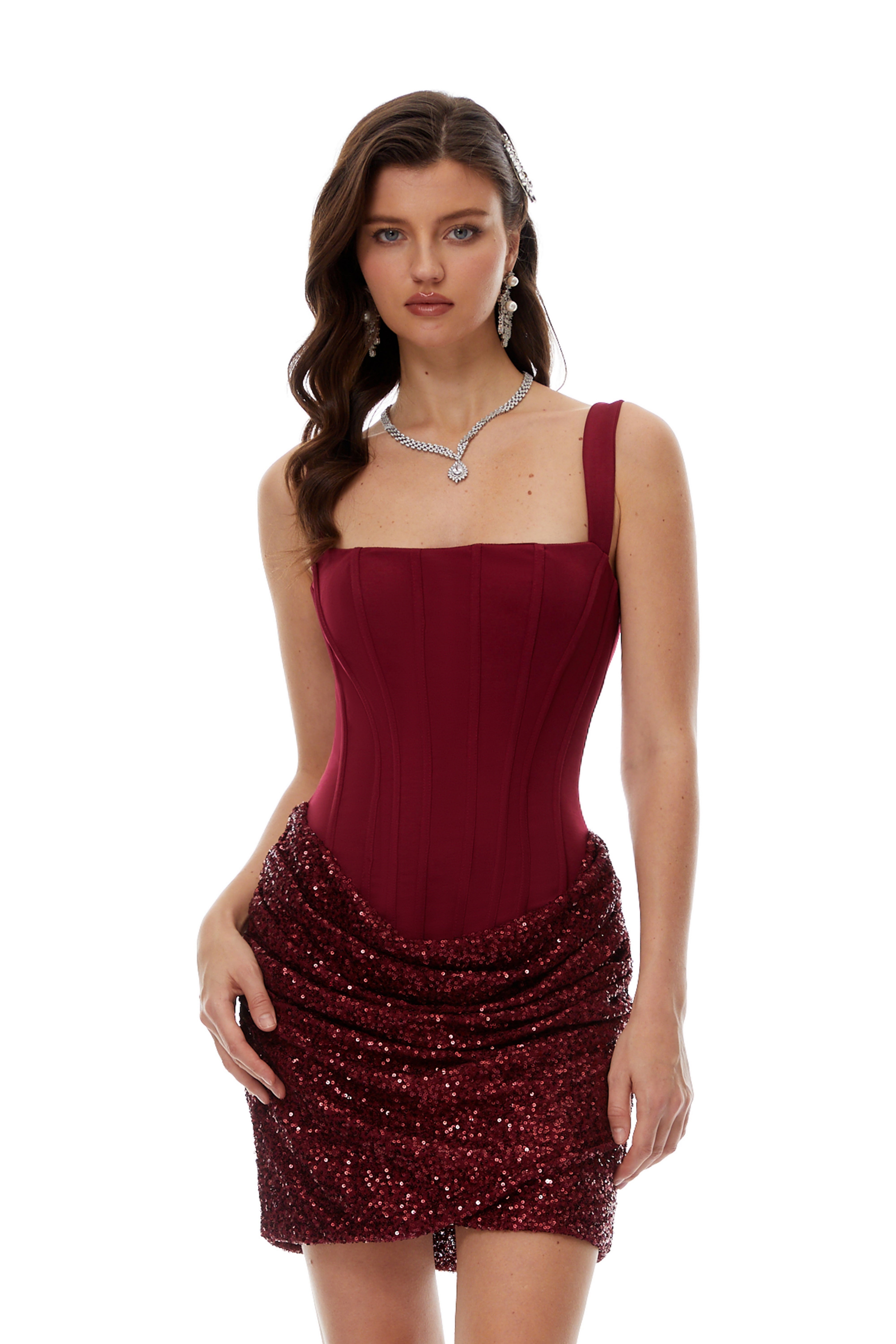 Burgundy sequined corset mini dress