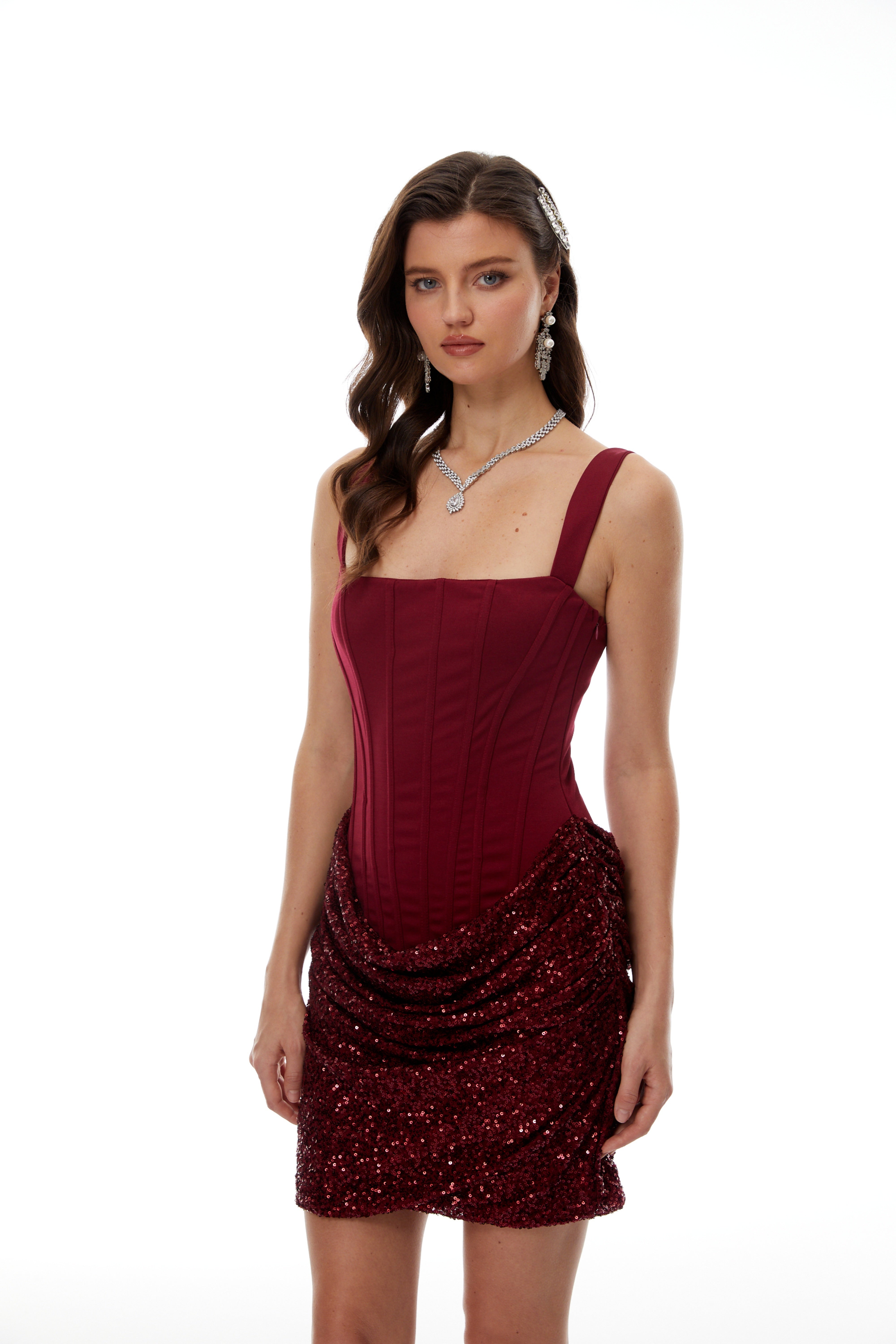 Burgundy sequined corset mini dress