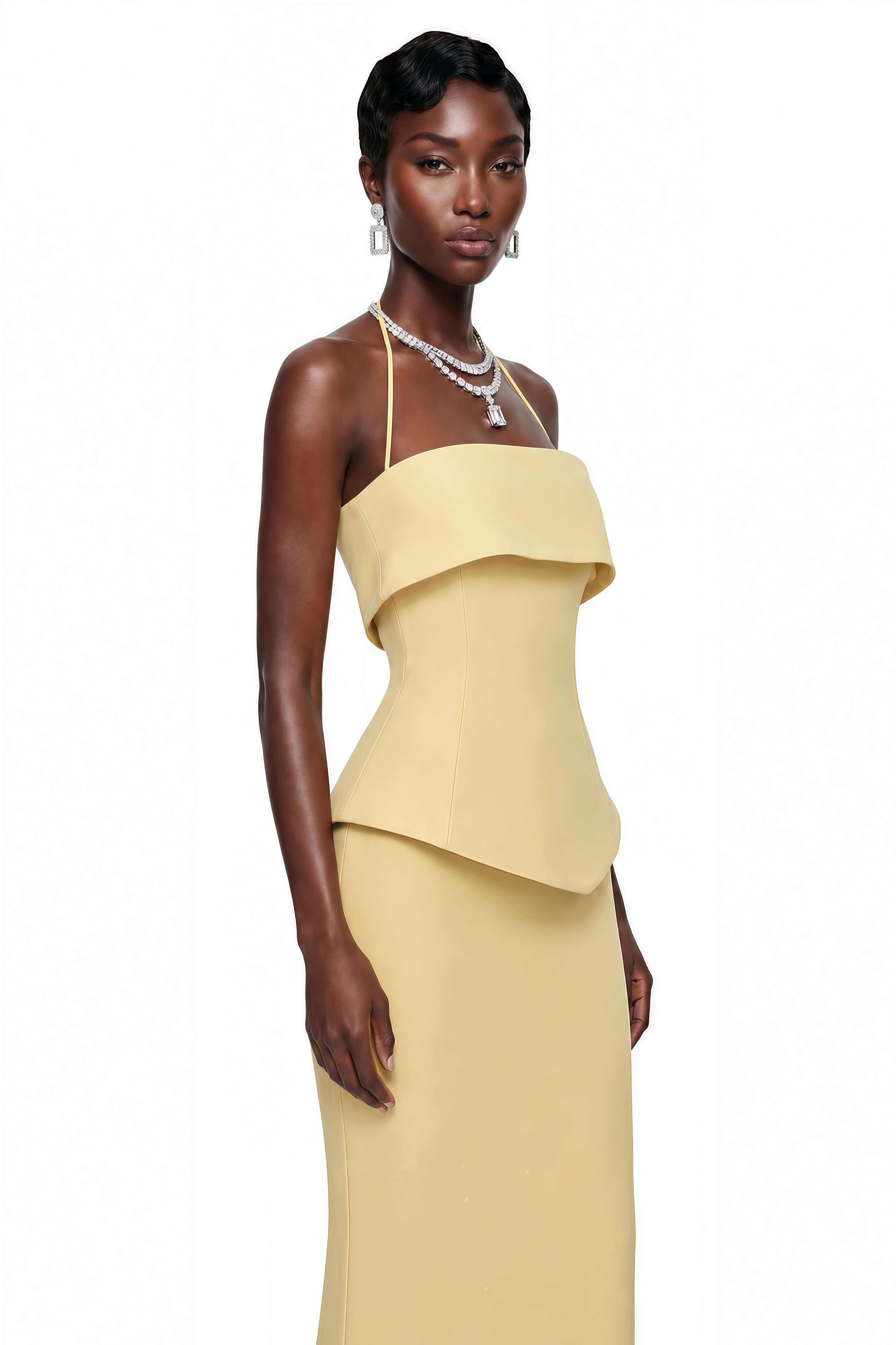 Penelope Yellow Halterneck Peplum Top & Skirt Set (Final Sale-US Only)