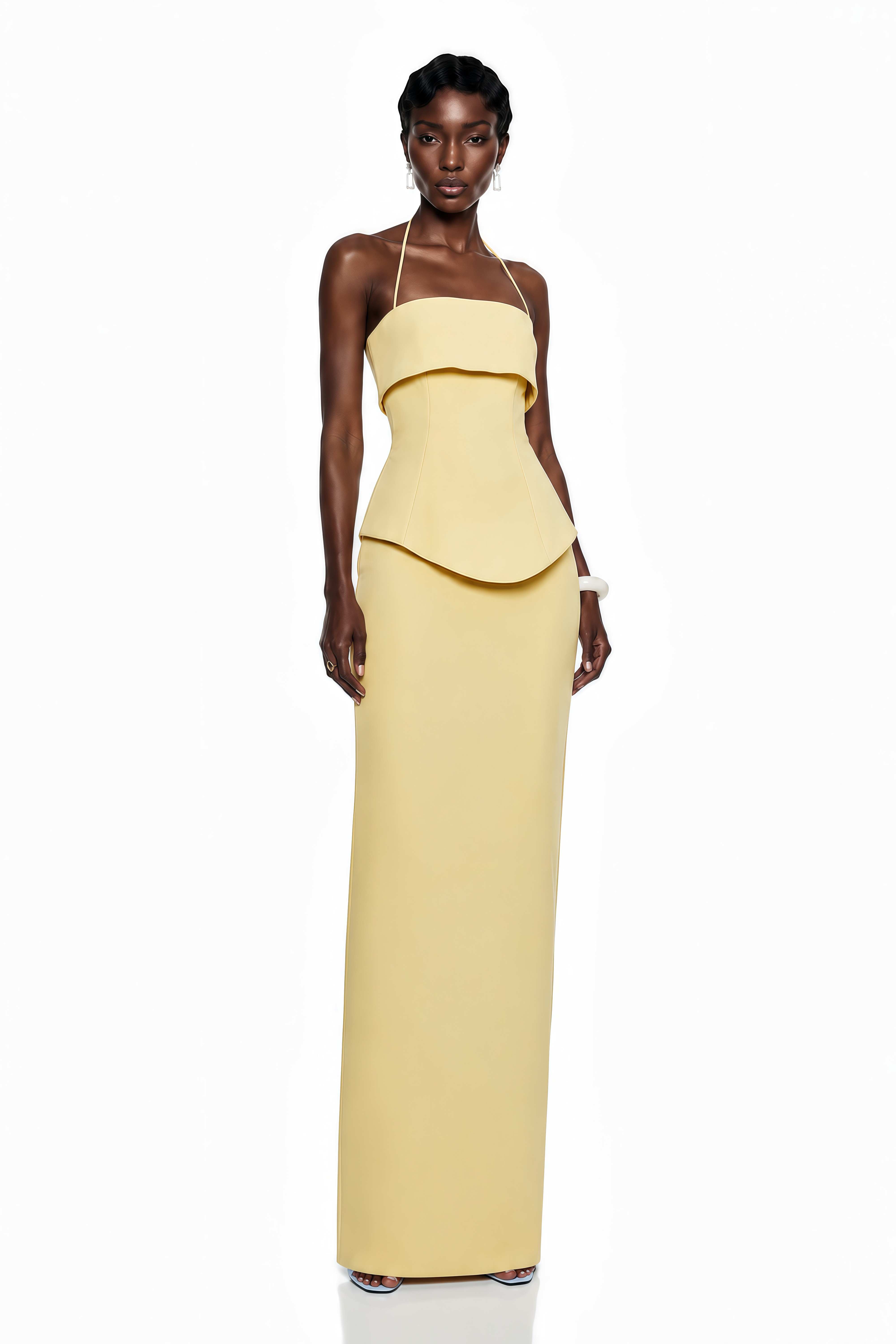 Penelope Yellow Halterneck Peplum Top & Skirt Set (Final Sale-US Only)