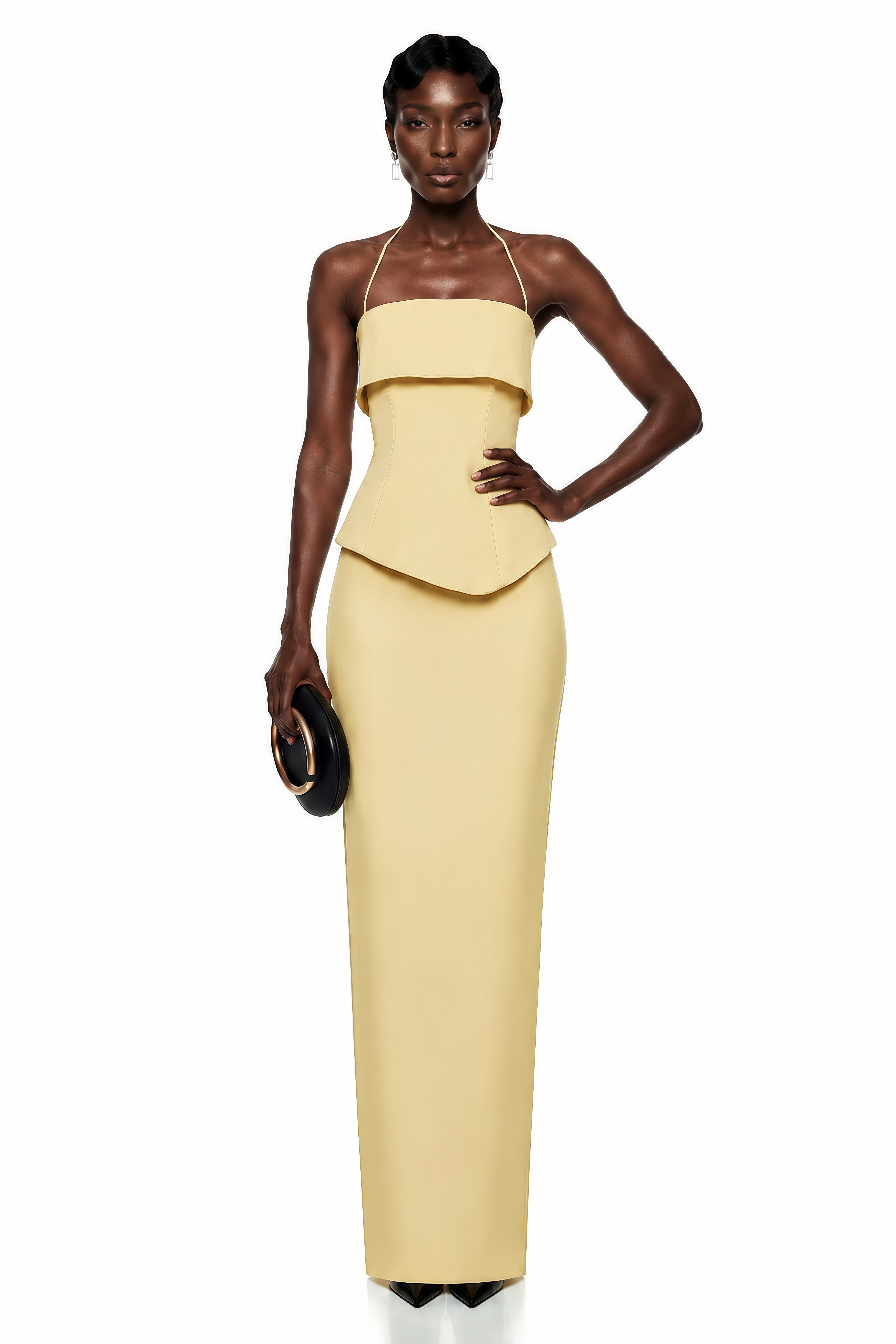 Penelope Yellow Halterneck Peplum Top & Skirt Set (Final Sale-US Only)