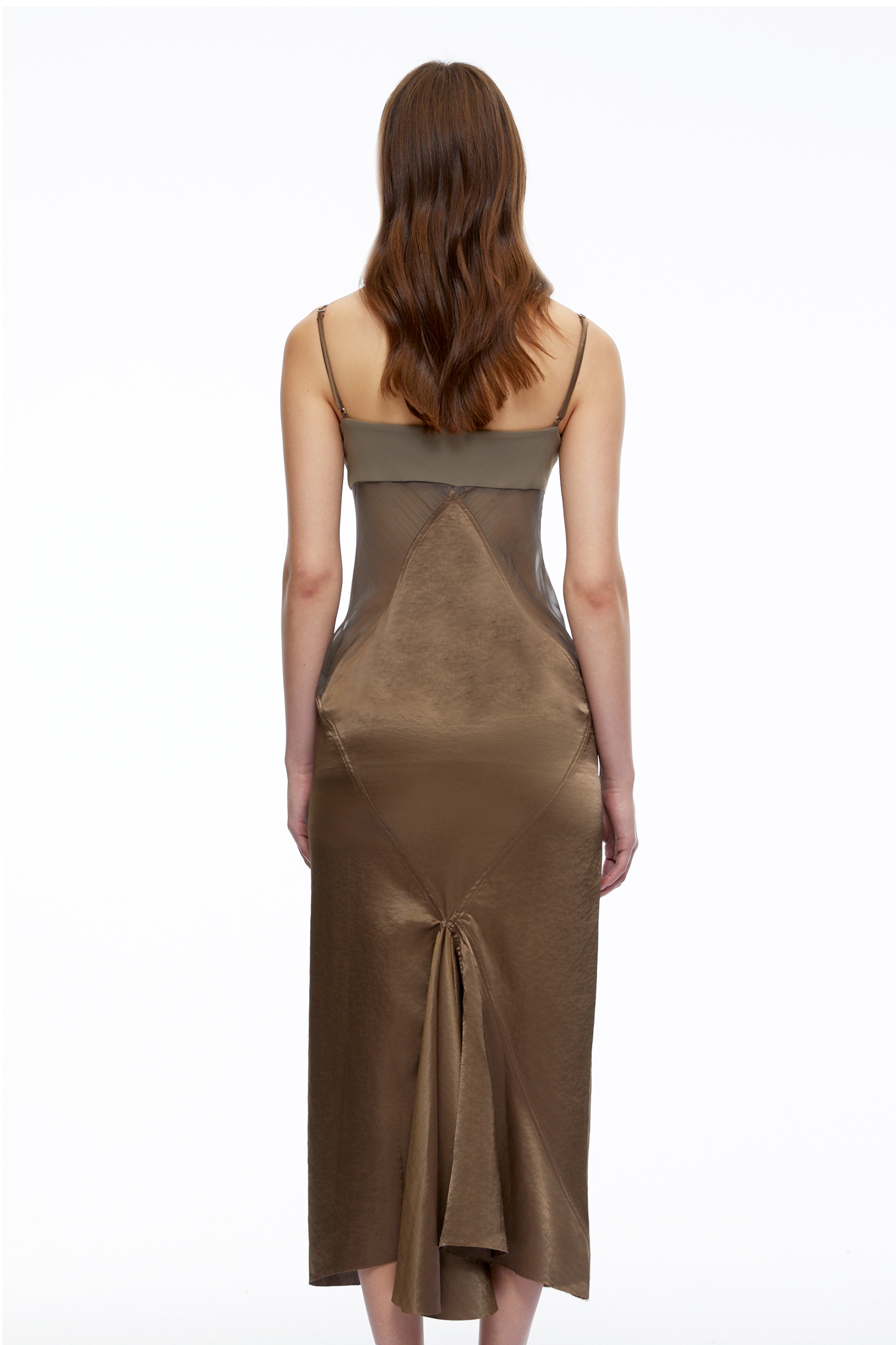 Petra Olive Green Semi-Sheer Satin Midi Dress