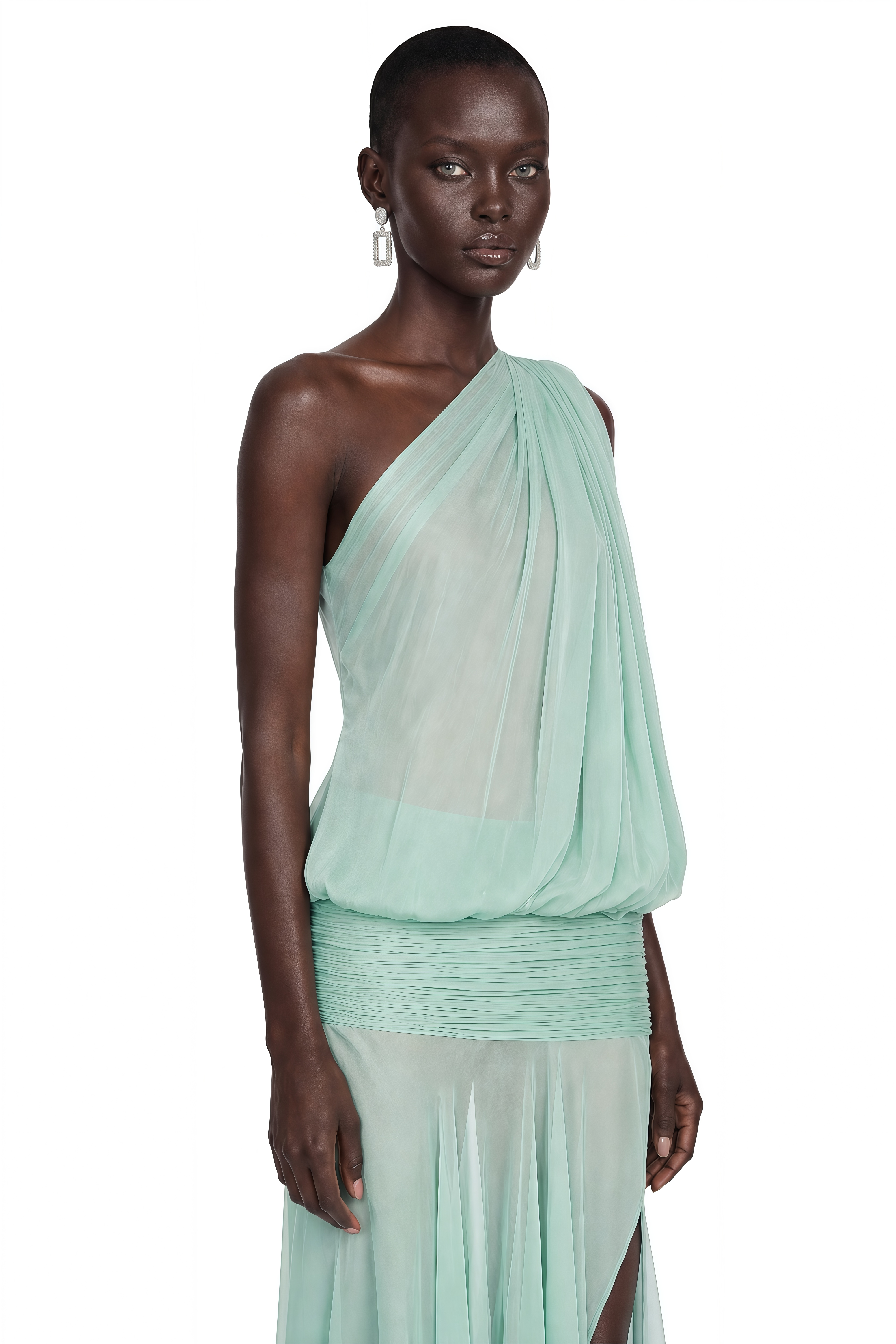 Mint green one-shoulder mesh maxi dress with a draped bodice and a high thigh slit