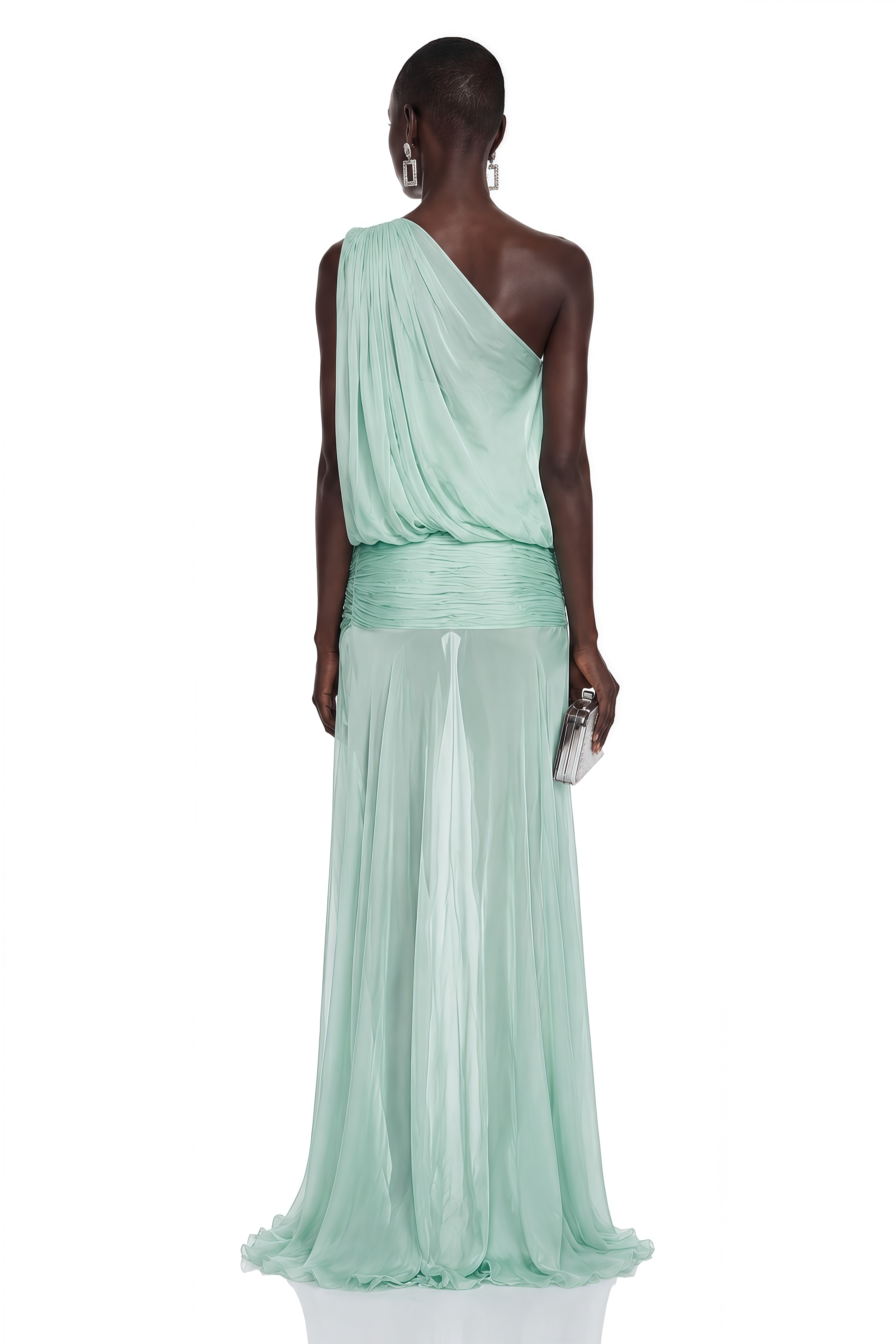 Mint green one-shoulder mesh maxi dress with a draped bodice and a high thigh slit