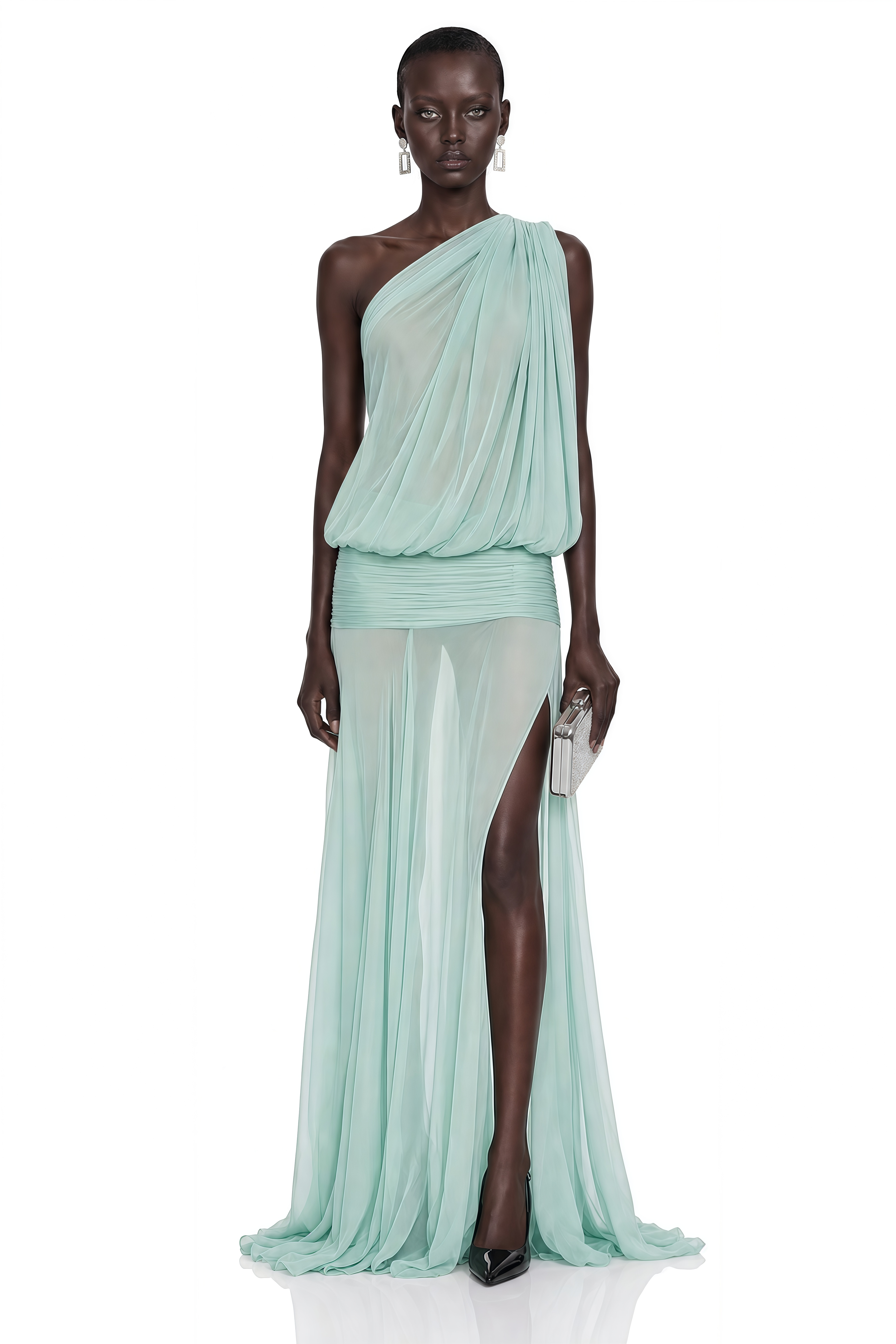 Mint green one-shoulder mesh maxi dress with a draped bodice and a high thigh slit