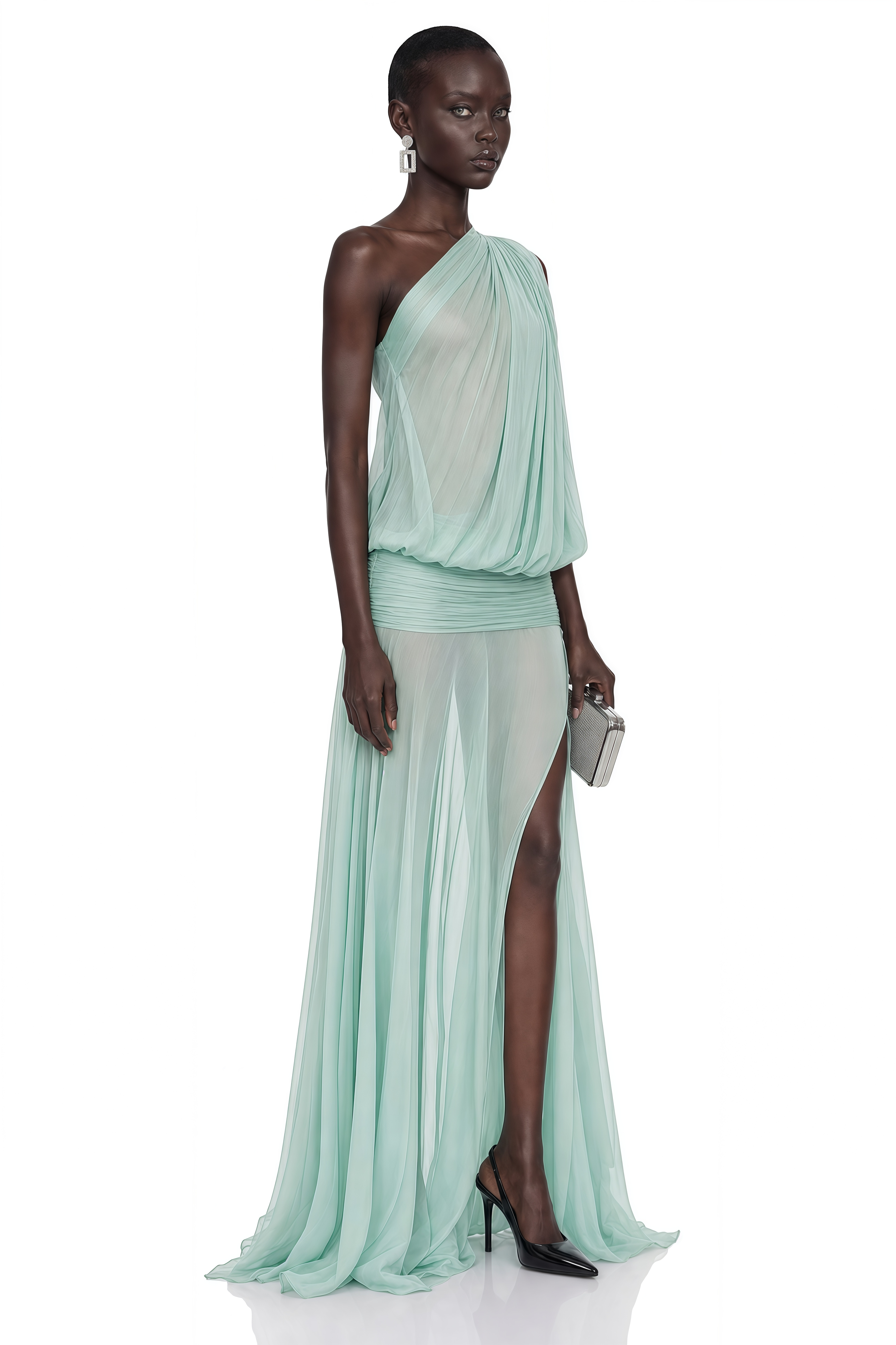 Mint green one-shoulder mesh maxi dress with a draped bodice and a high thigh slit