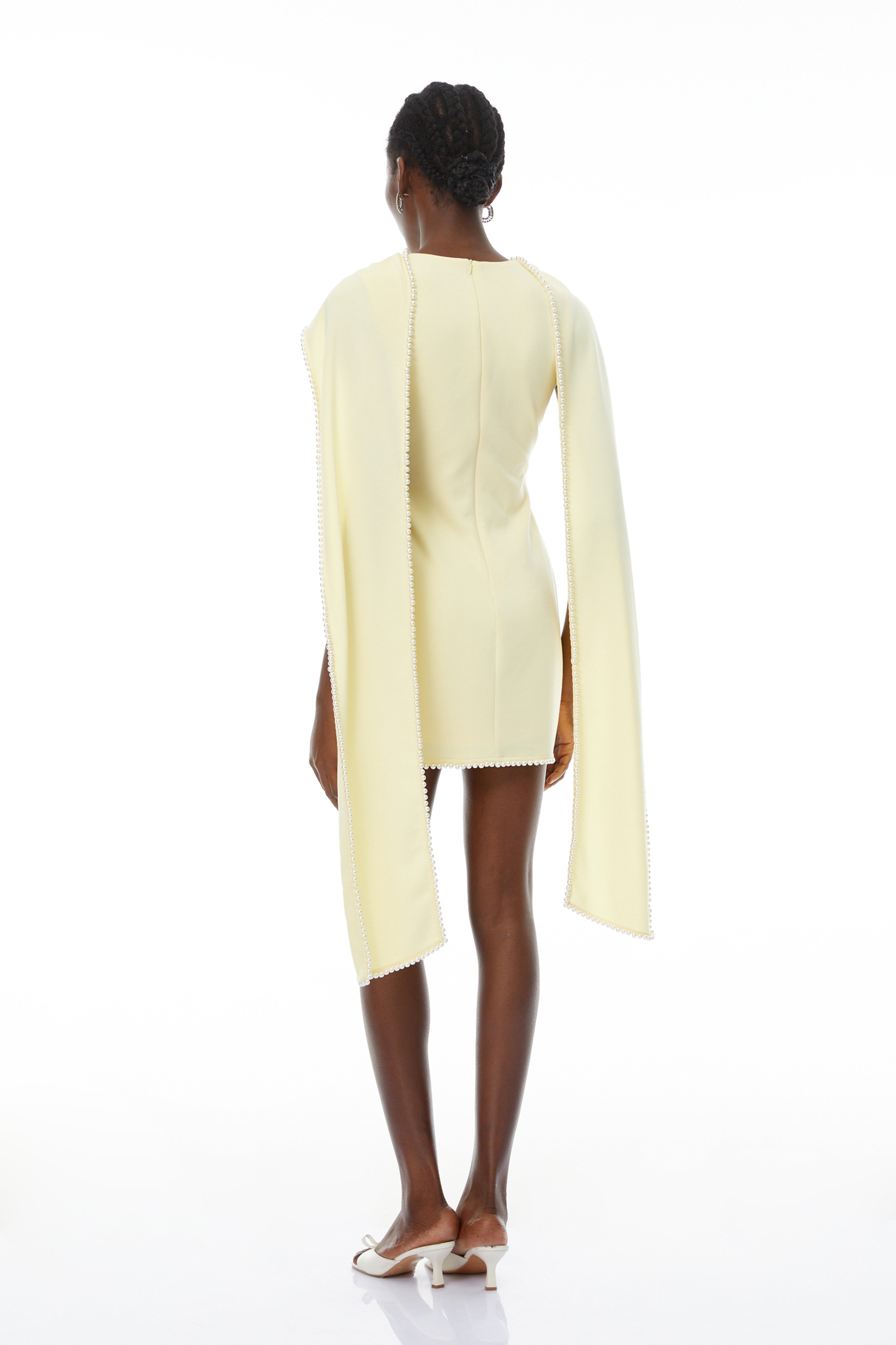 Piroska Yellow Sleeveless Pearl Trim Mini Dress