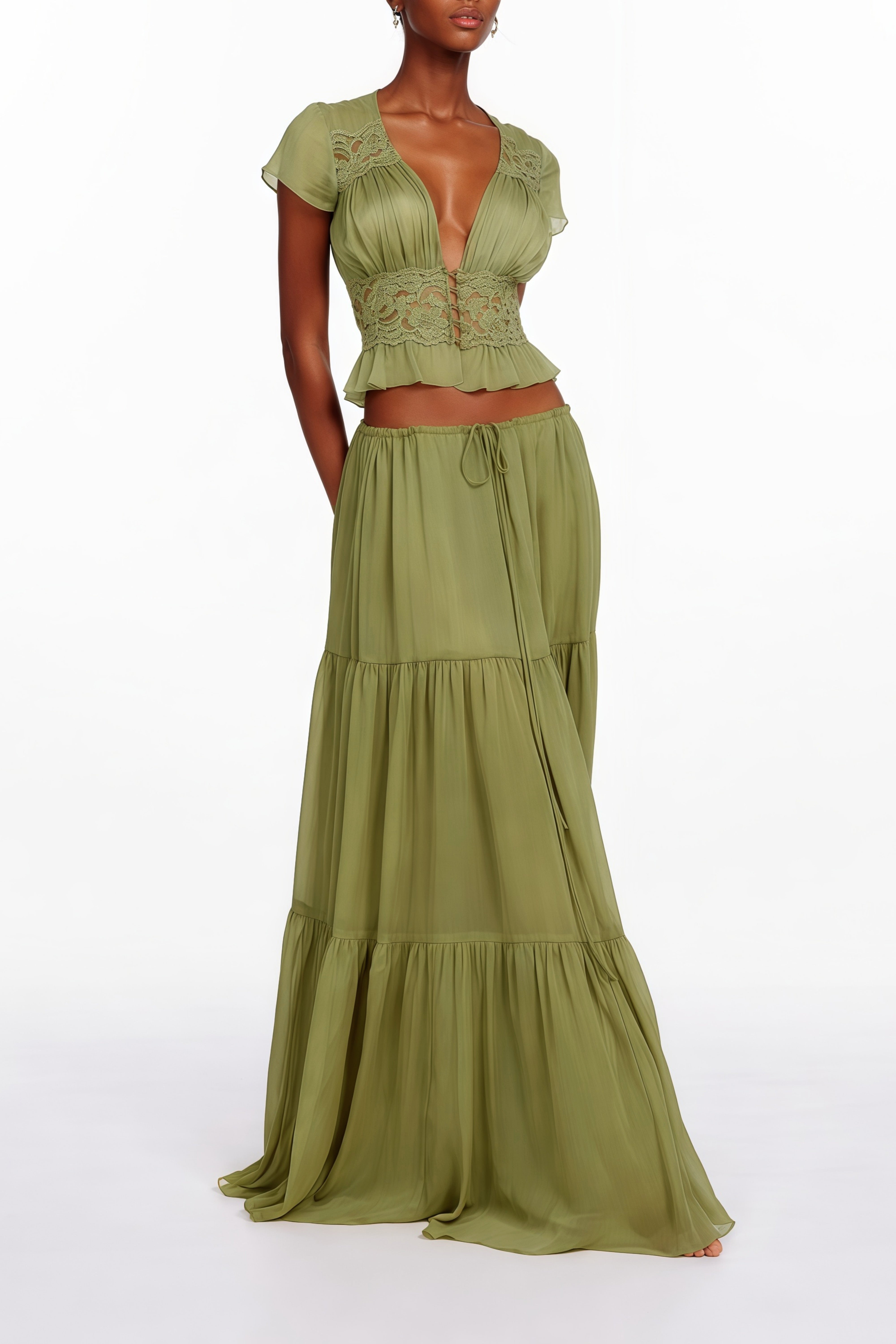 Olive green two-piece set featuring a lace-trimmed cap-sleeve crop top and a tiered maxi skirt