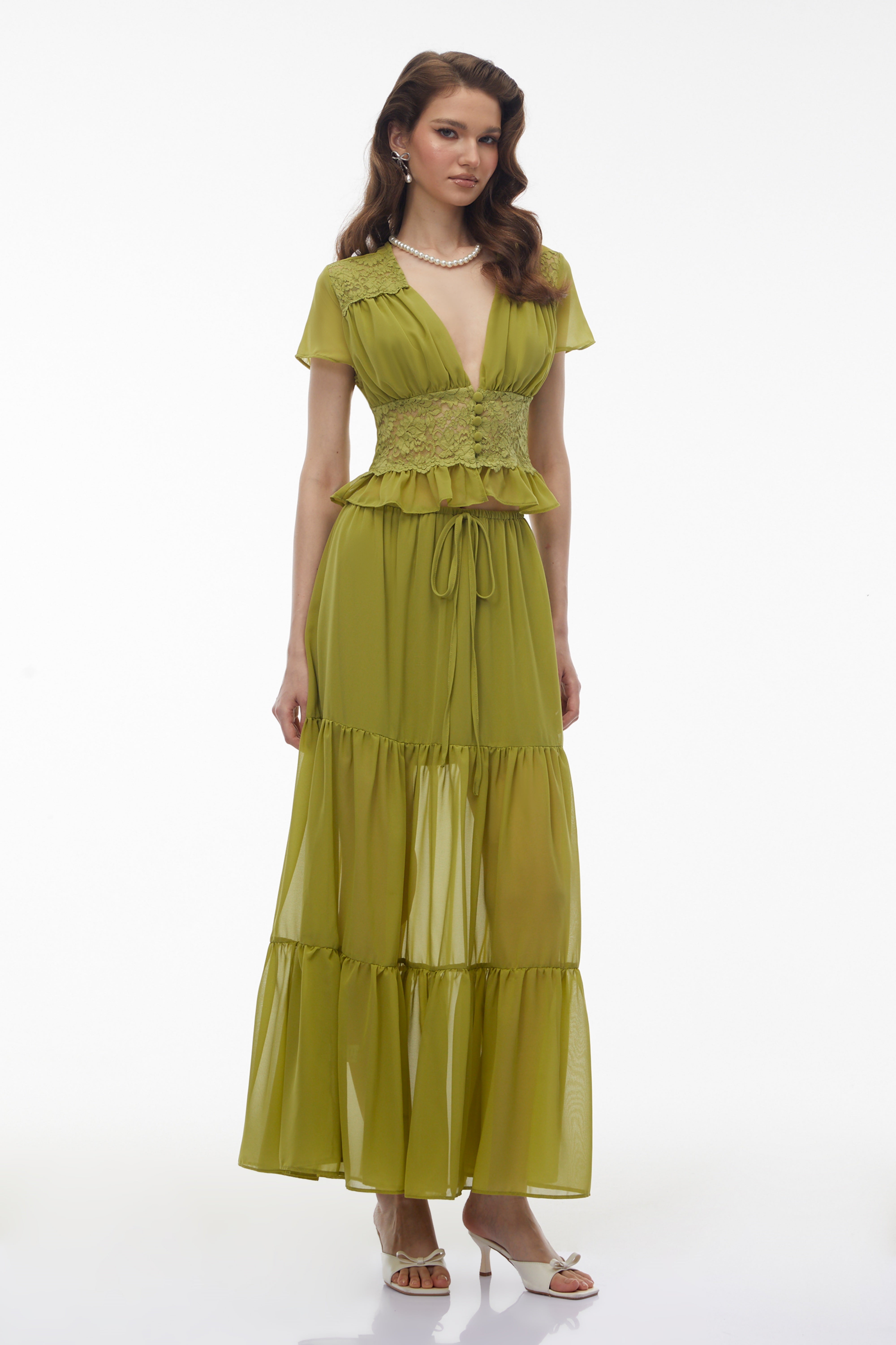 Green Floral Lace Chiffon Top & Skirt Set