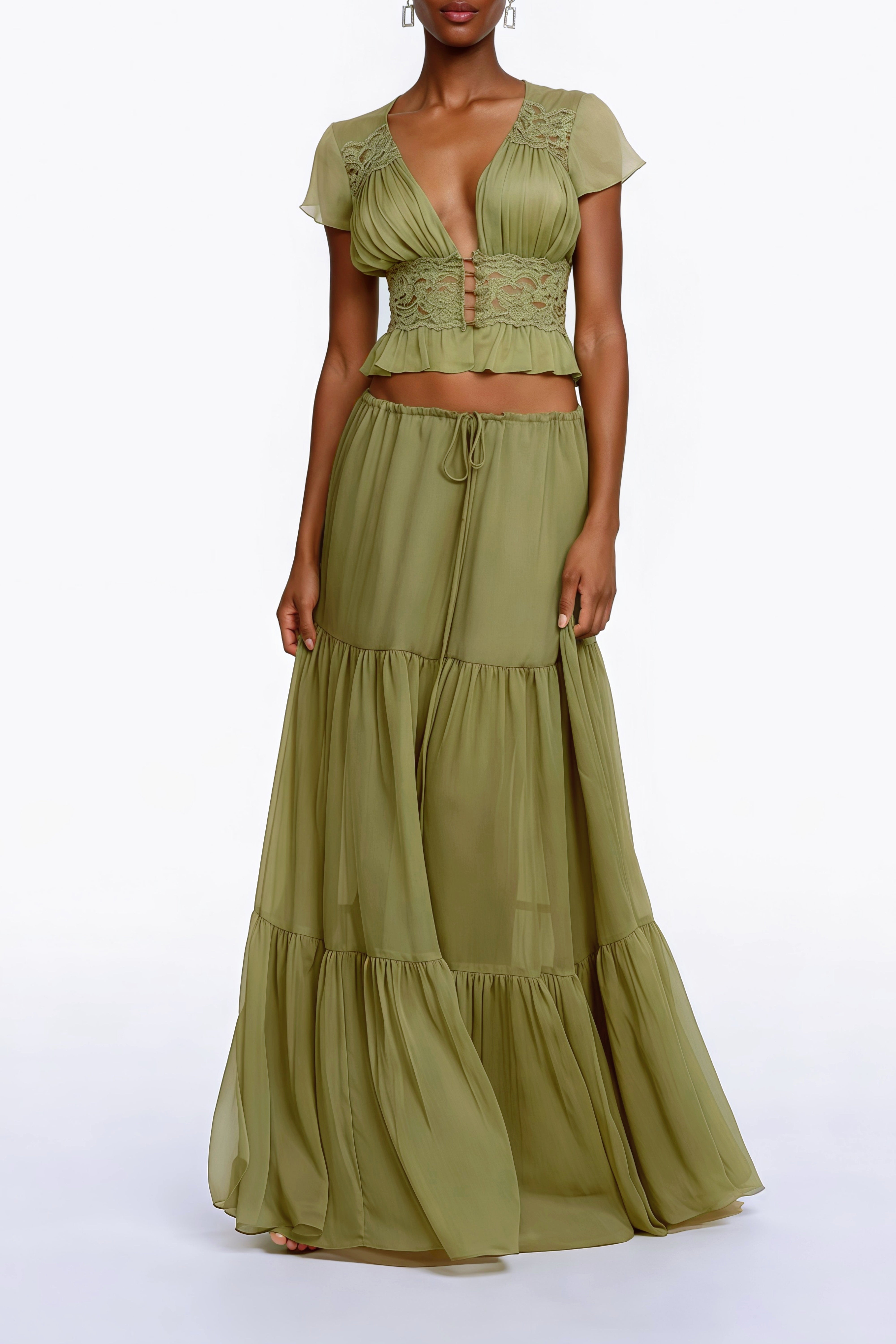 Olive green two-piece set featuring a lace-trimmed cap-sleeve crop top and a tiered maxi skirt
