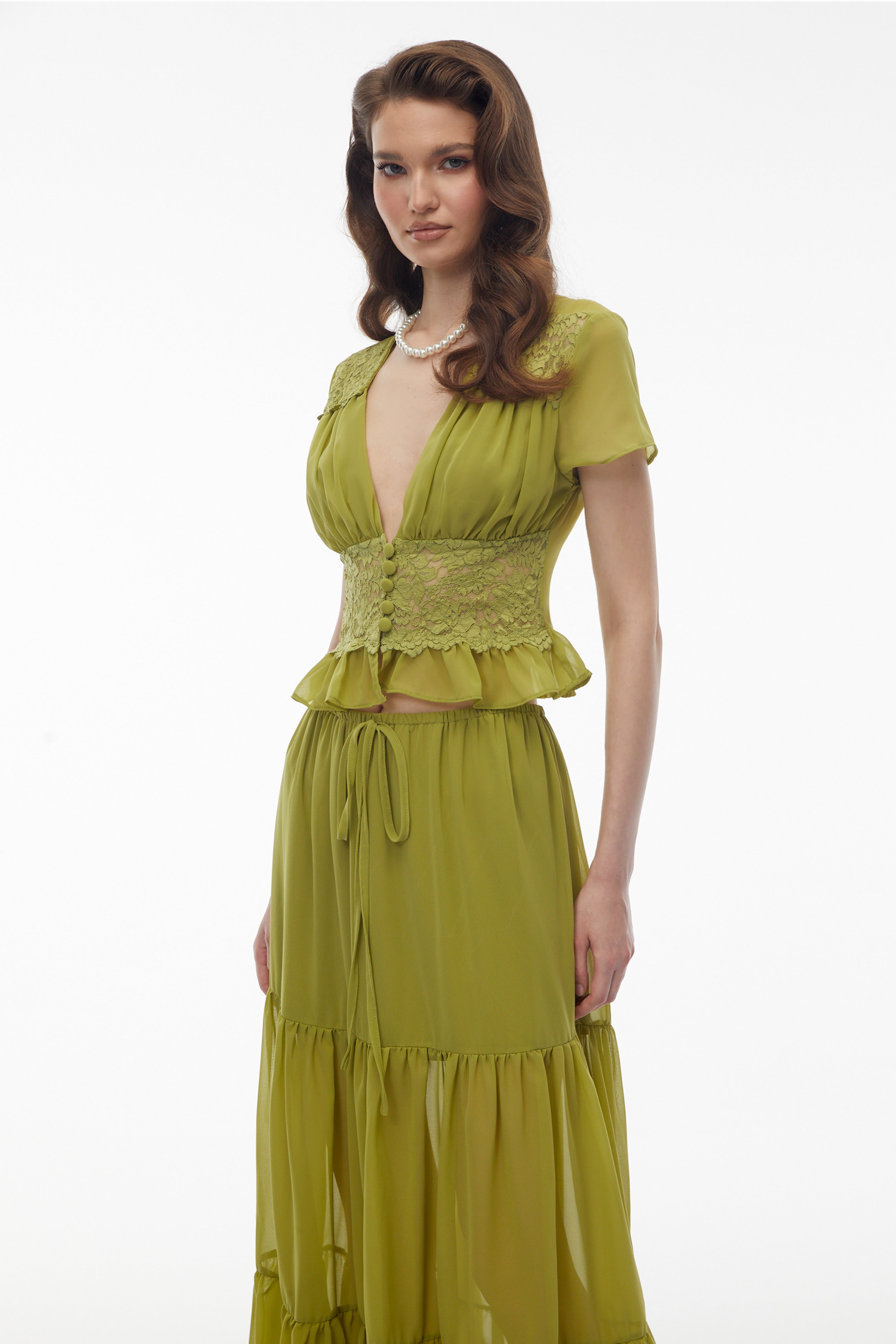 Green Floral Lace Chiffon Top & Skirt Set