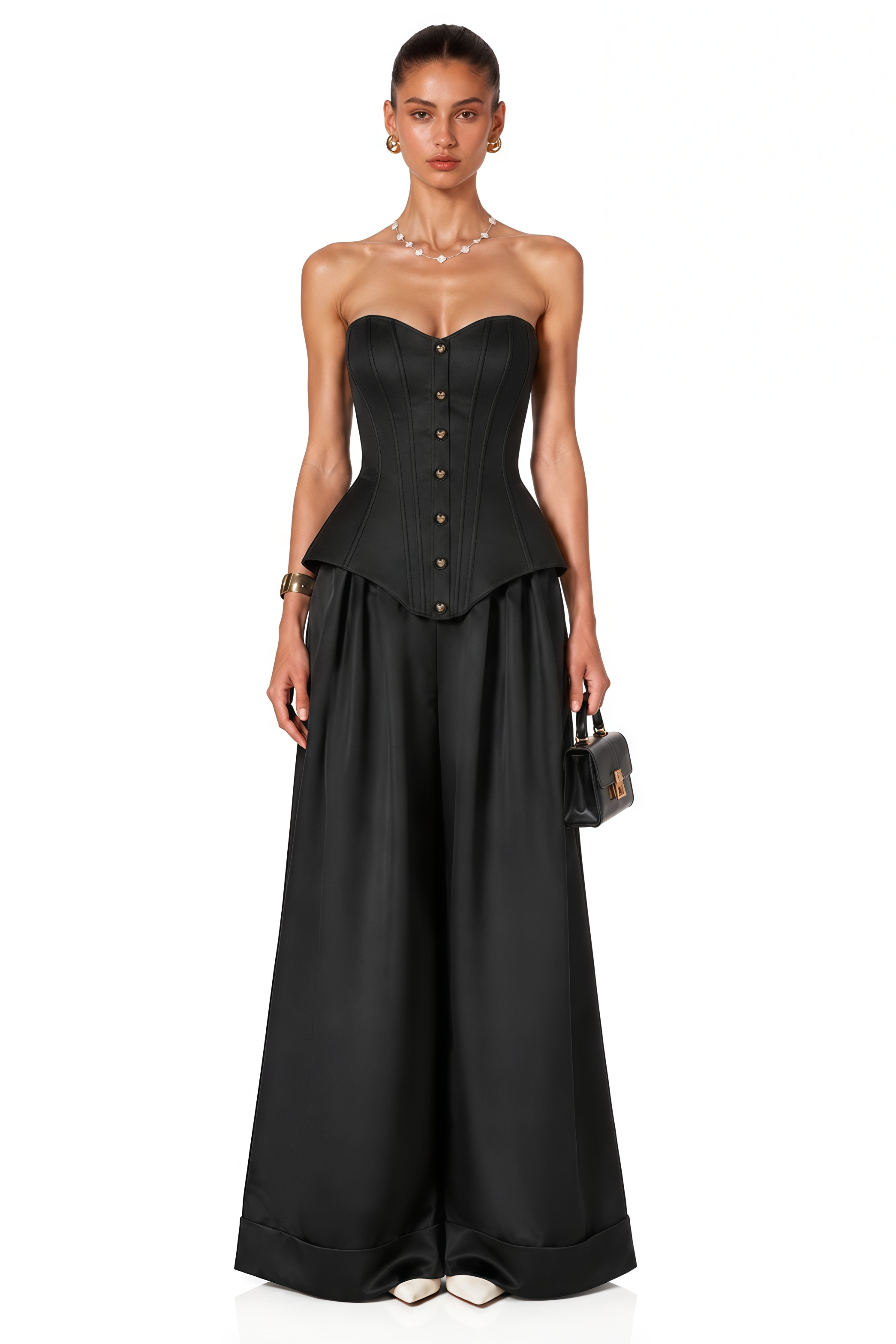 Portia Black Button Corset Top & Wide Leg Trousers Set