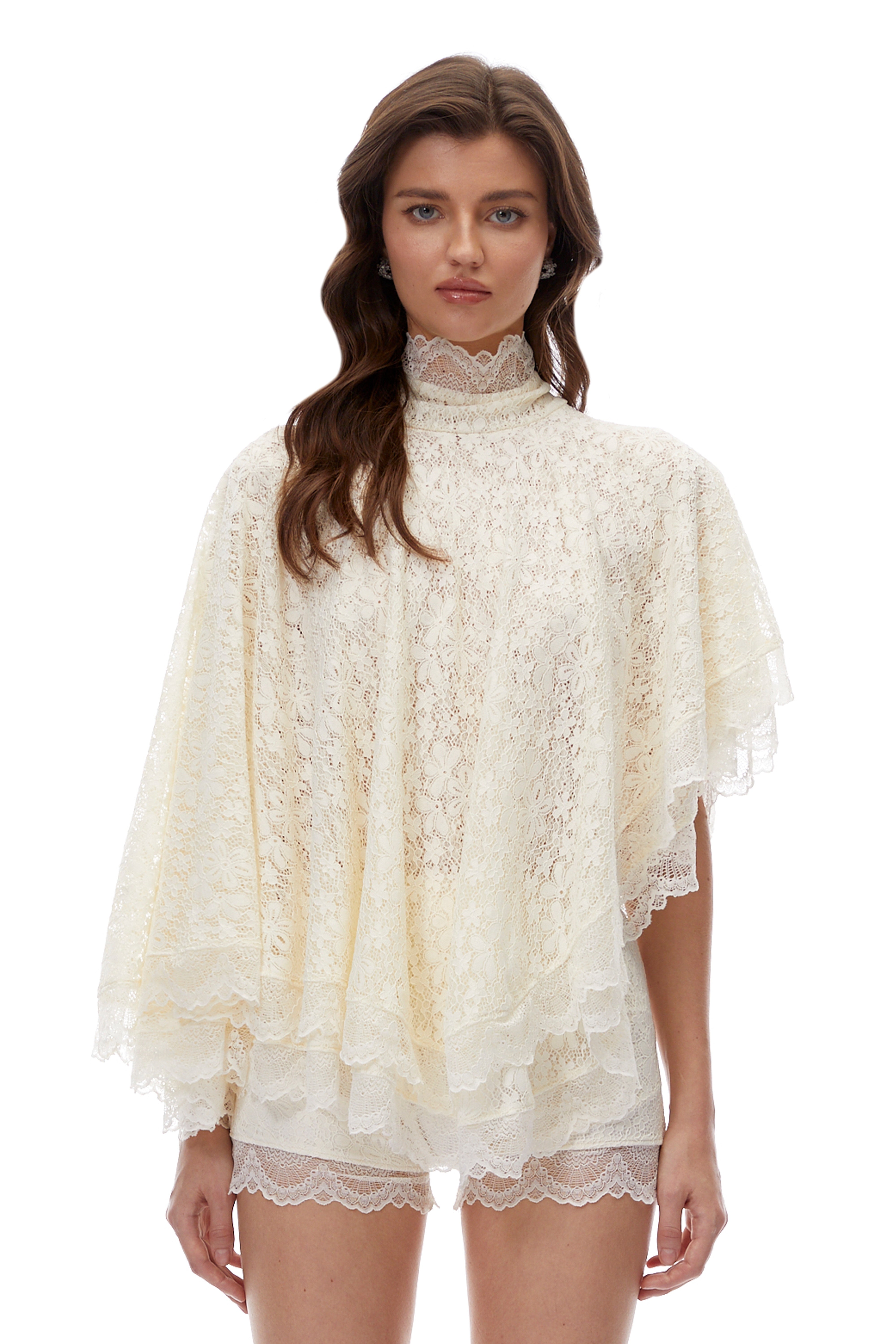 Priscilla White Turtleneck Lace Top & Shorts Set
