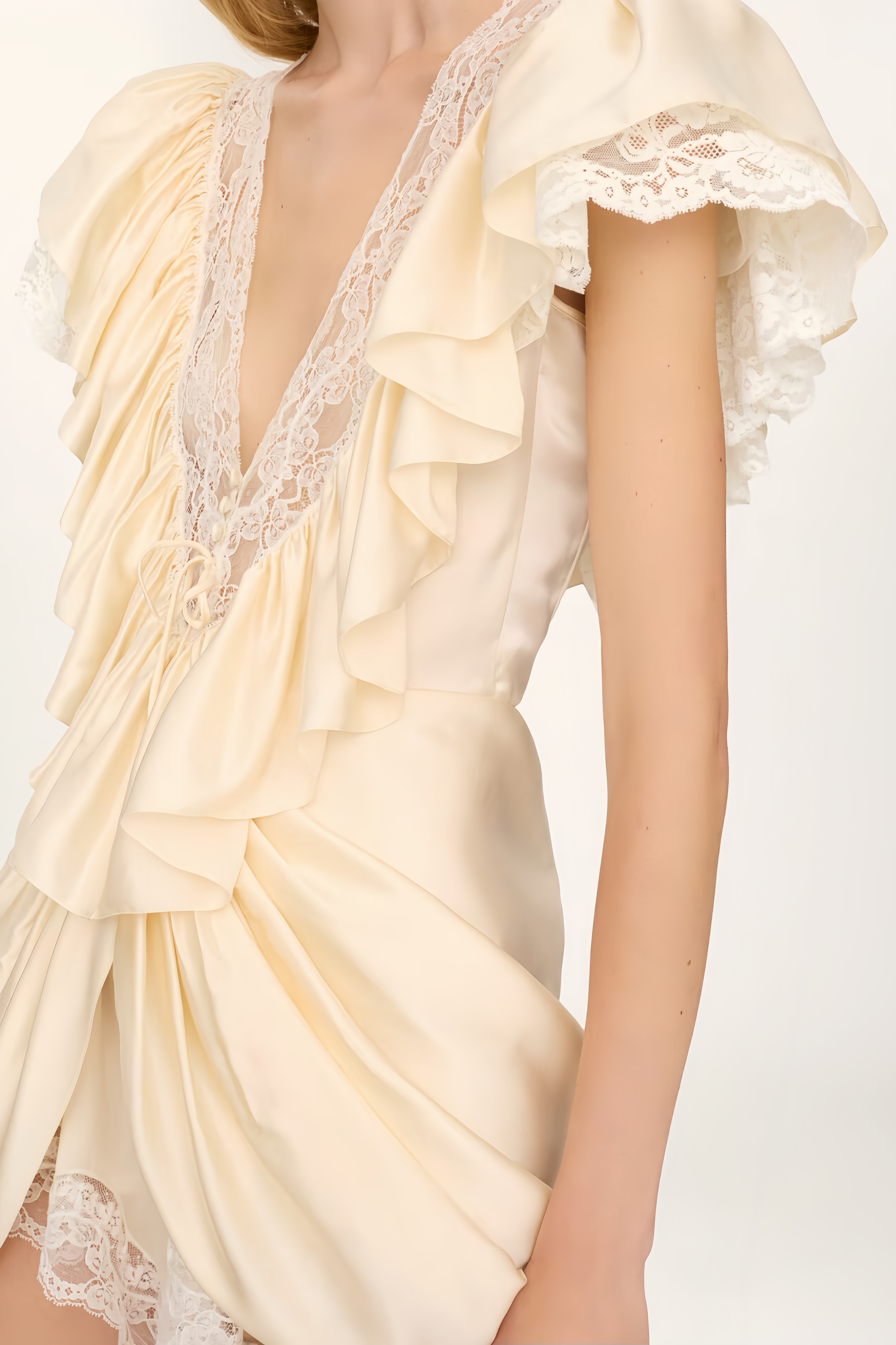 V-neck Short Jumpsuit in Silk Satin & Lace