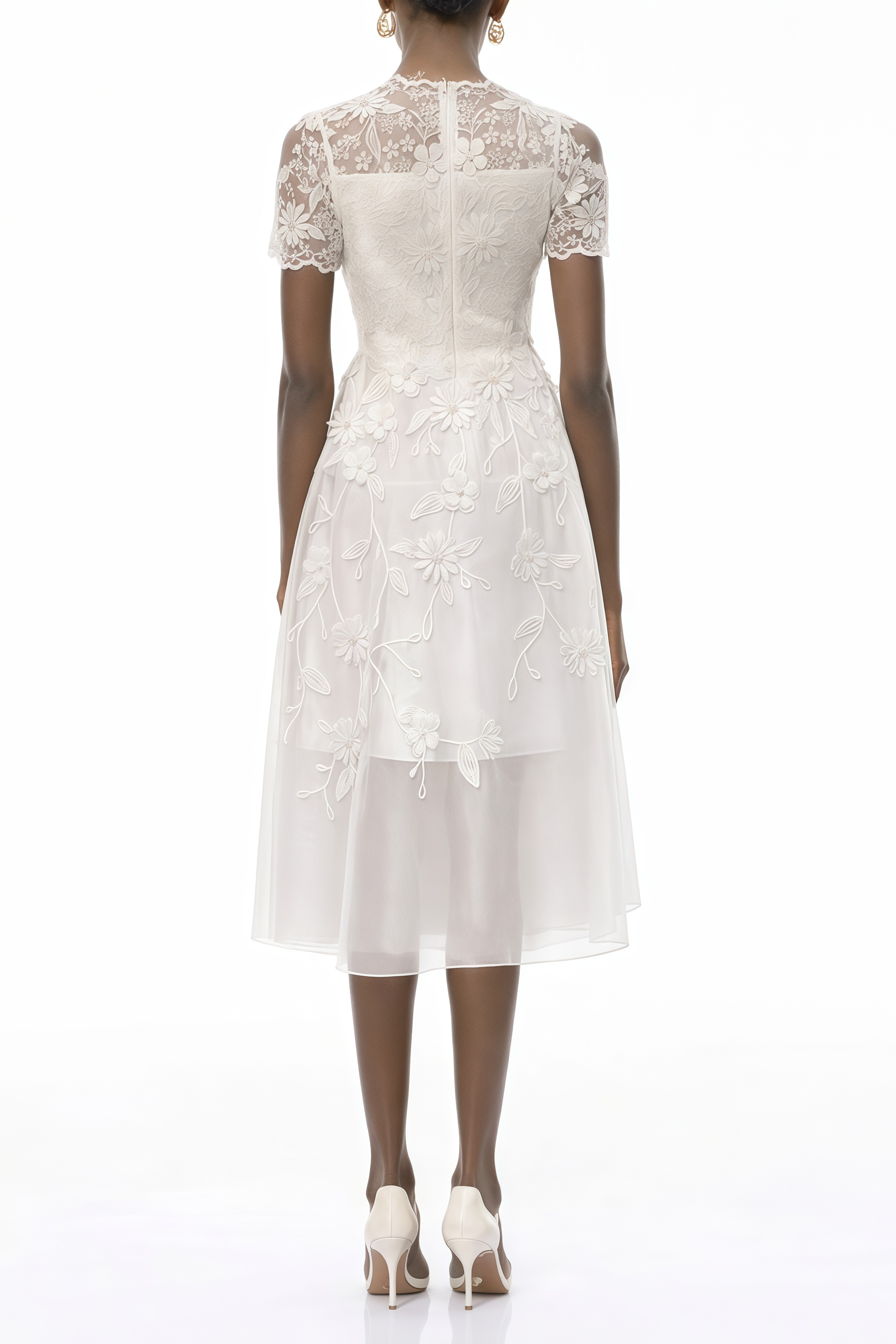 Quetz White Midi Dress with 3D Petals (Final Sale)