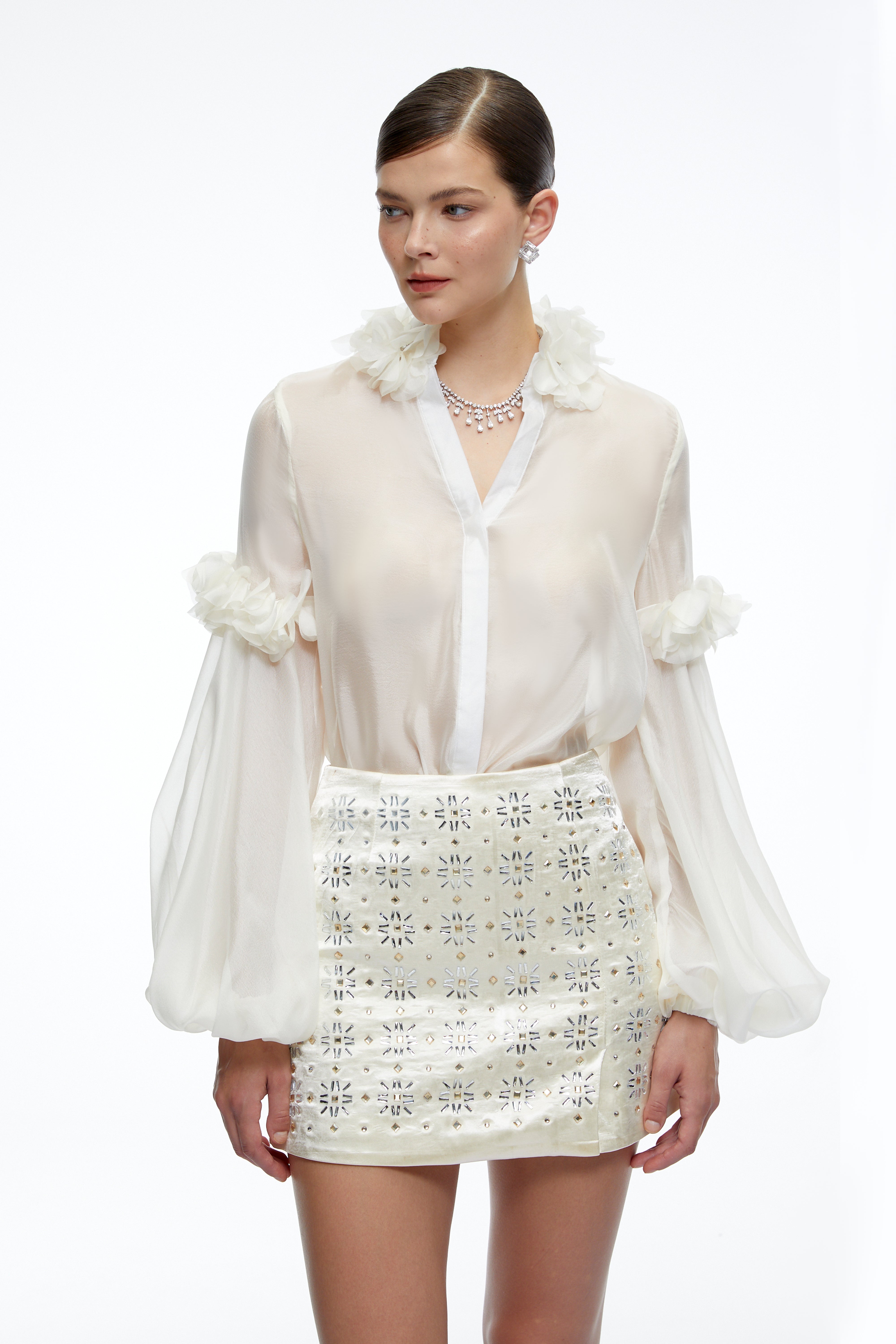 Quinn White Sheer V-Neck Blouse with Floral Applique