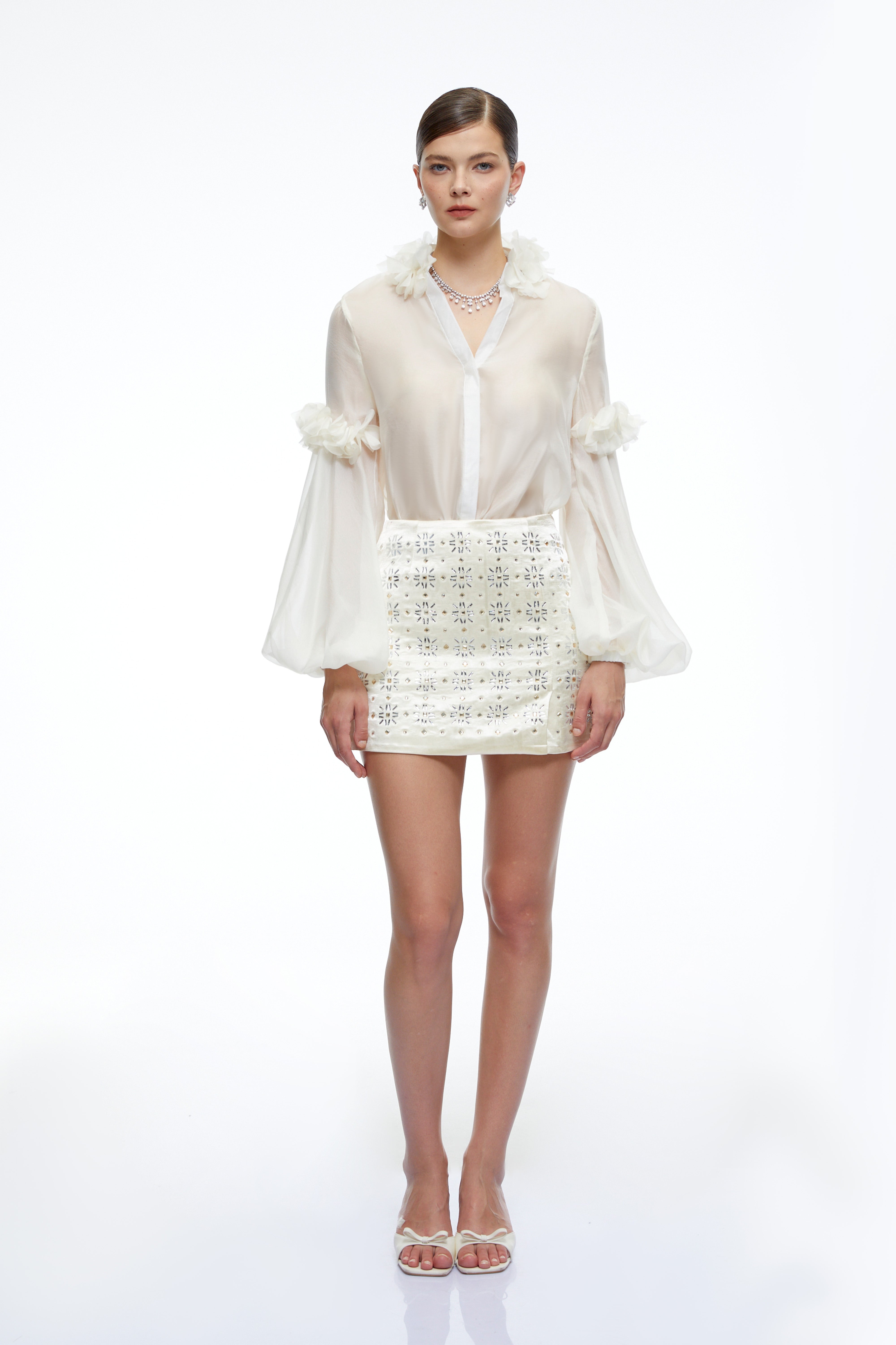 Quinn White Sheer V-Neck Blouse with Floral Applique