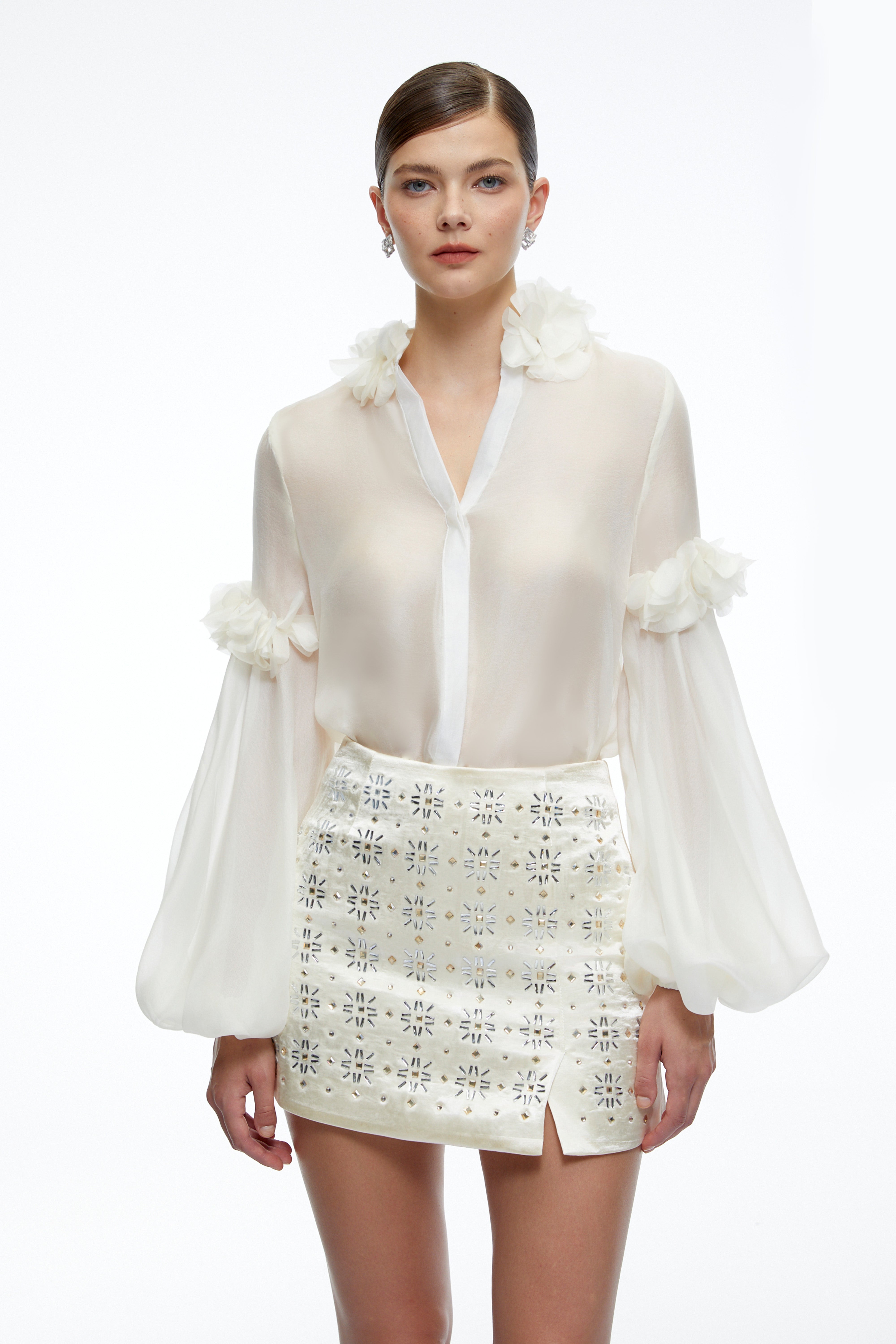 Quinn White Sheer V-Neck Blouse with Floral Applique