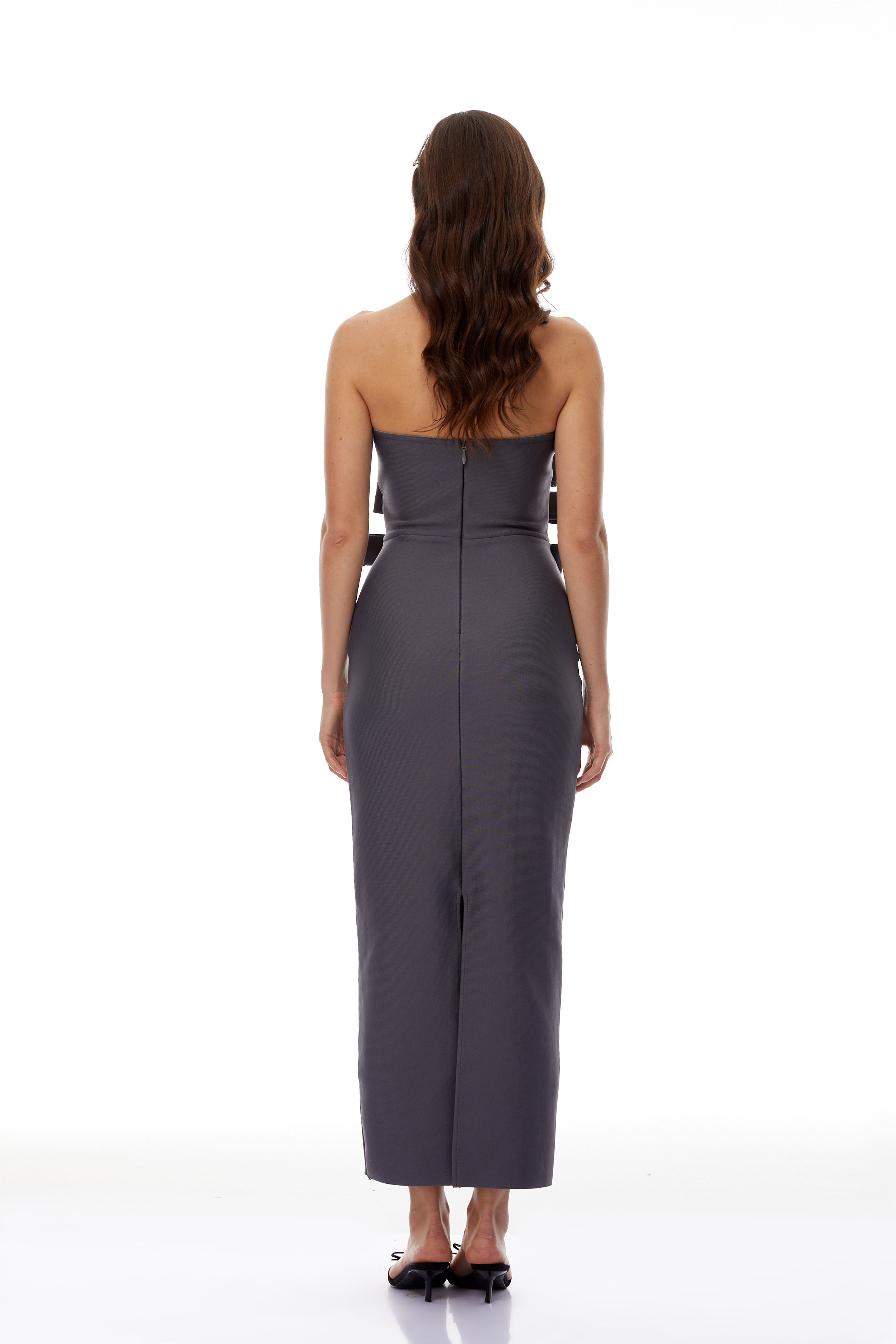 Quinnie Grey Bandage Bodycon Maxi Dress with Bow (Final Sale-US Only)