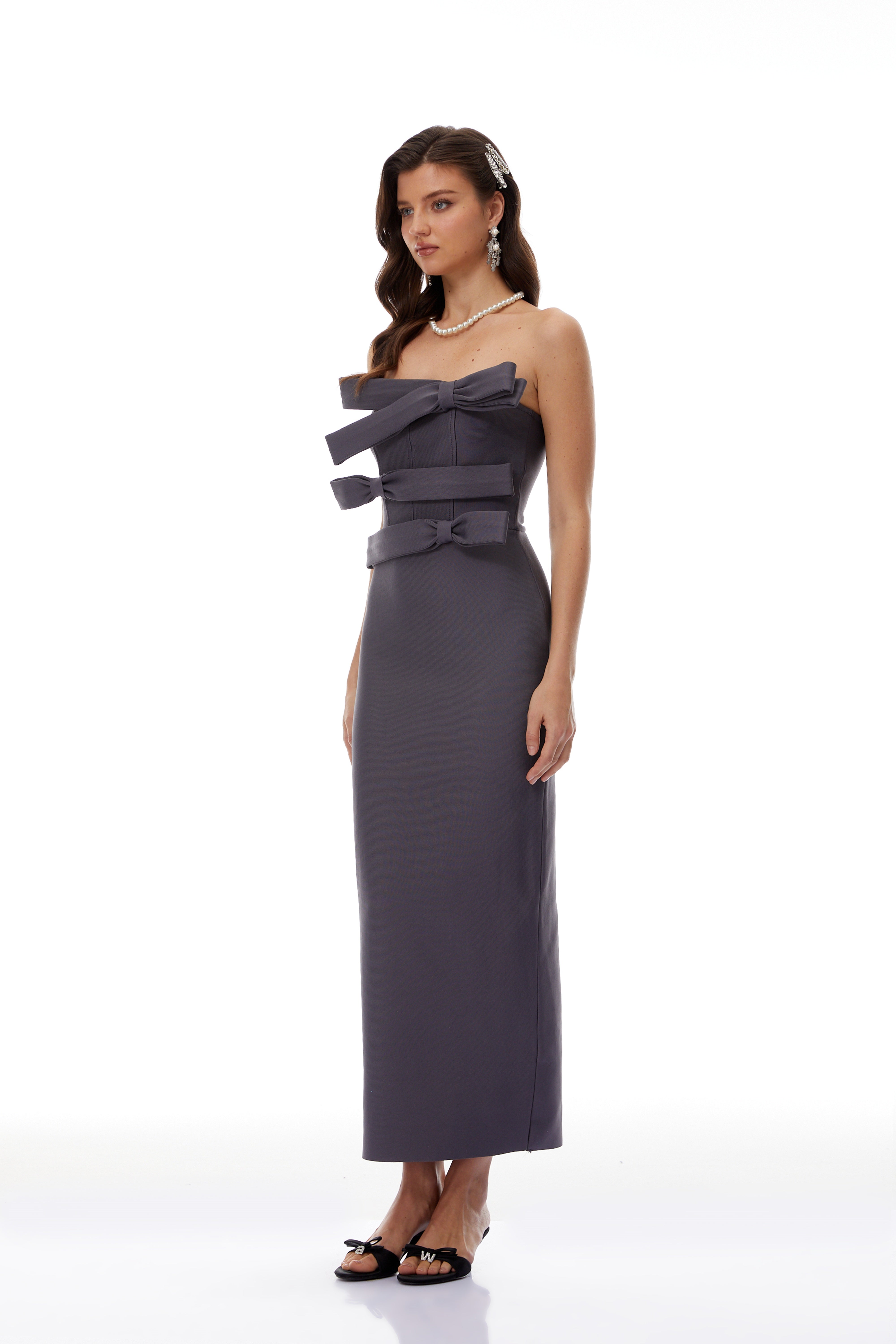 Quinnie Grey Bandage Bodycon Maxi Dress with Bow (Final Sale-US Only)