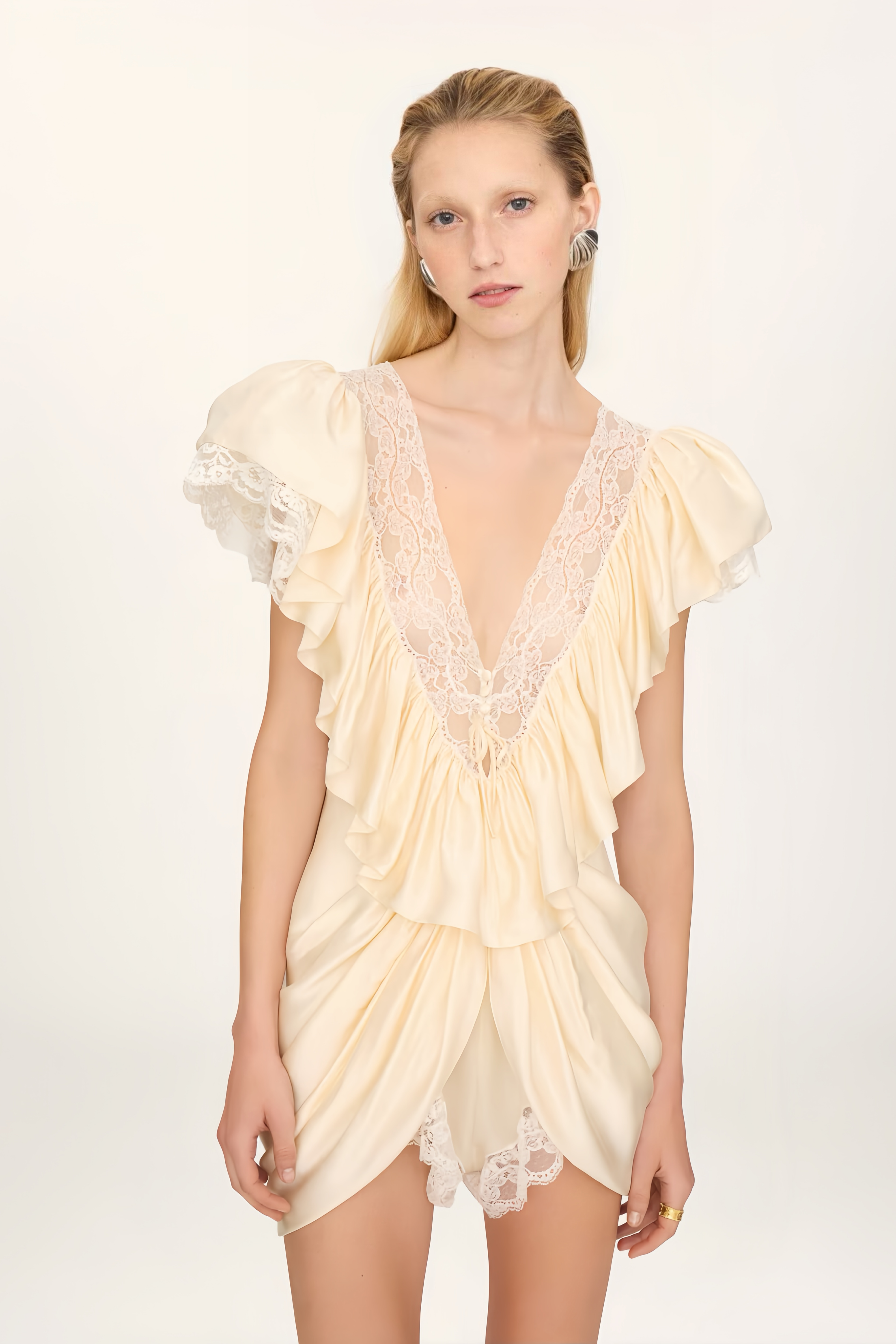 V-neck Short Jumpsuit in Silk Satin & Lace