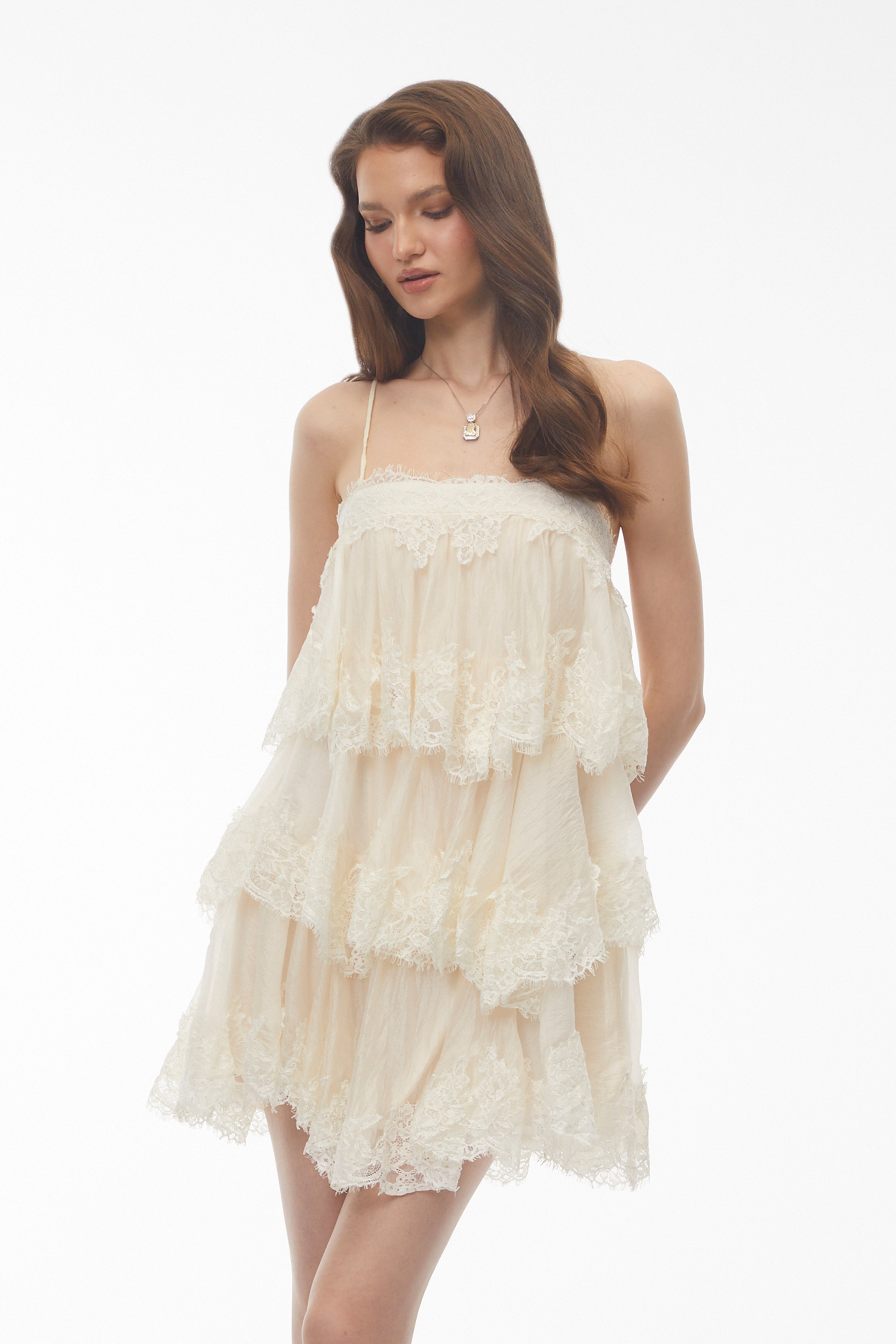 Cream Lace Tiered Mini Dress with Spaghetti Straps and Scalloped Edges