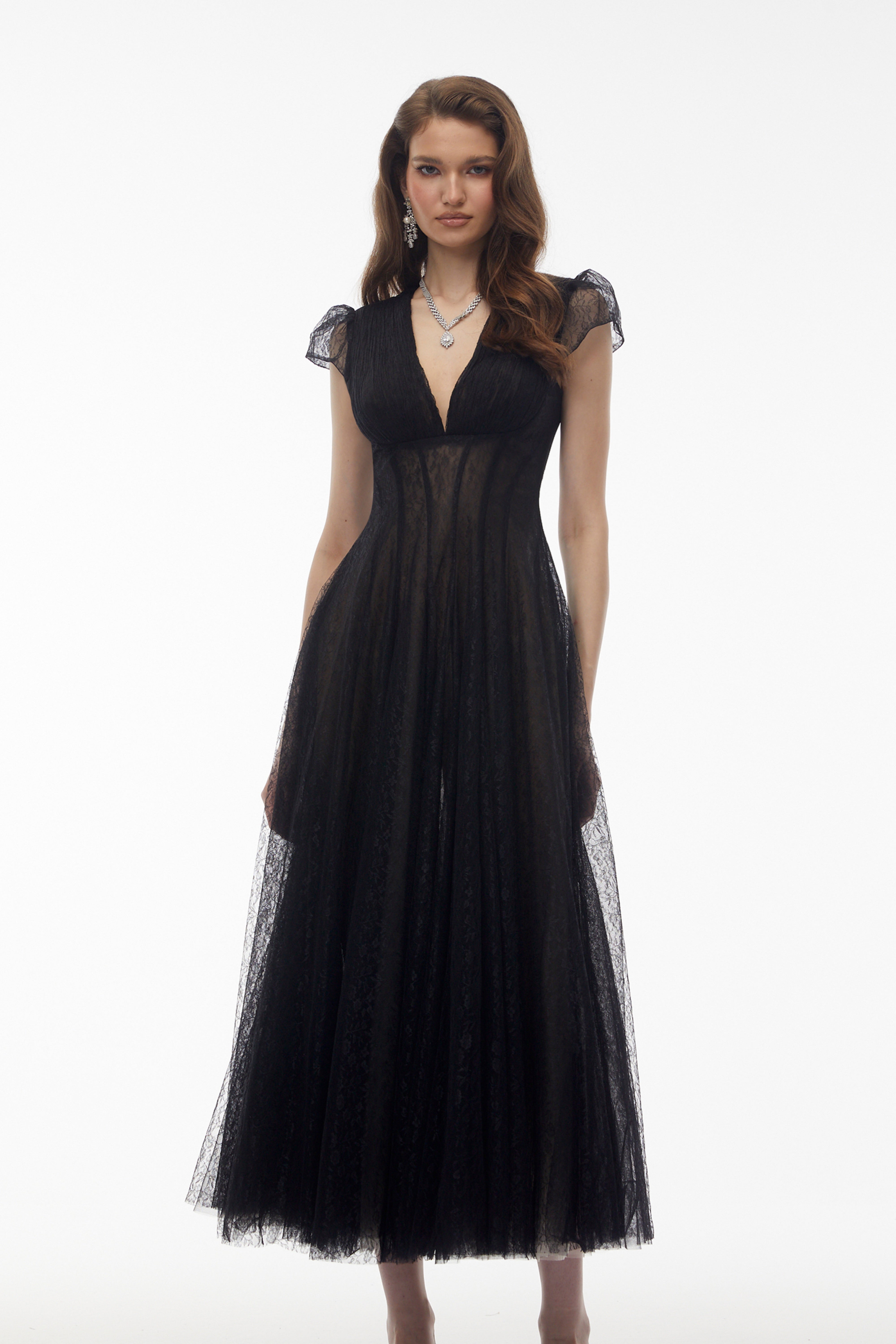 Radiya Black Floral Lace Pleated Maxi Dress (Final Sale-US Only)