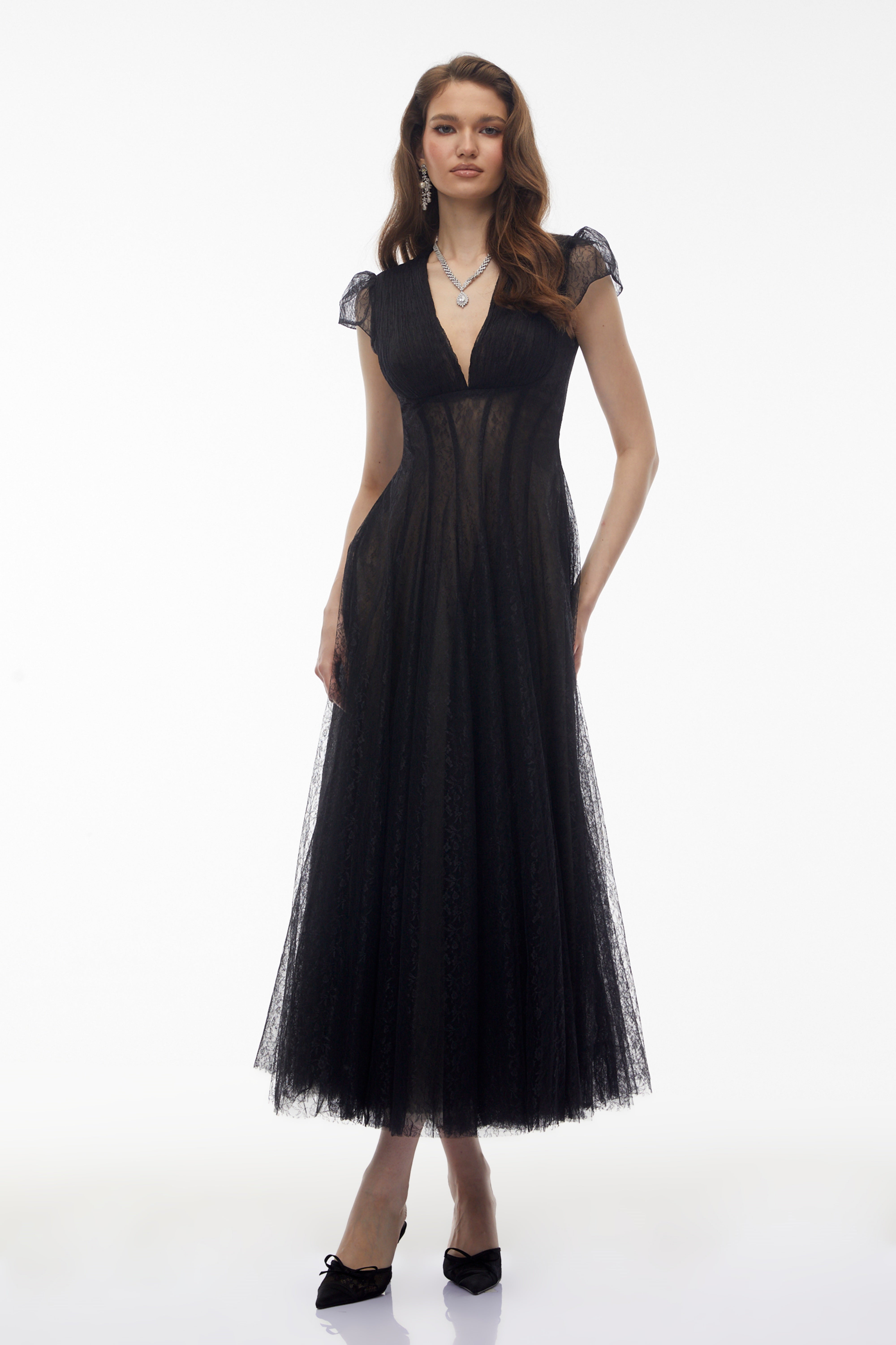 Radiya Black Floral Lace Pleated Maxi Dress (Final Sale-US Only)