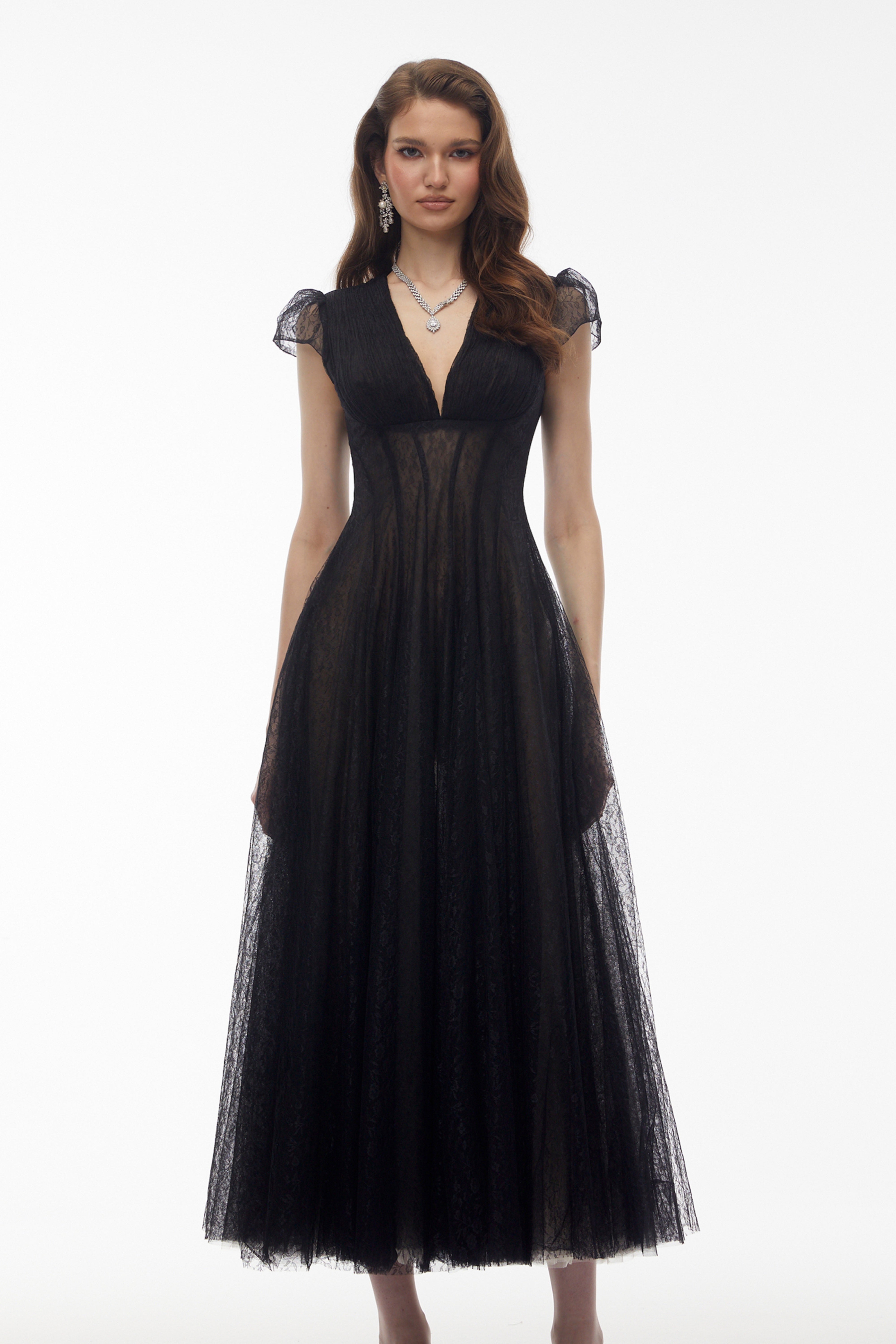 Radiya Black Floral Lace Pleated Maxi Dress (Final Sale-US Only)