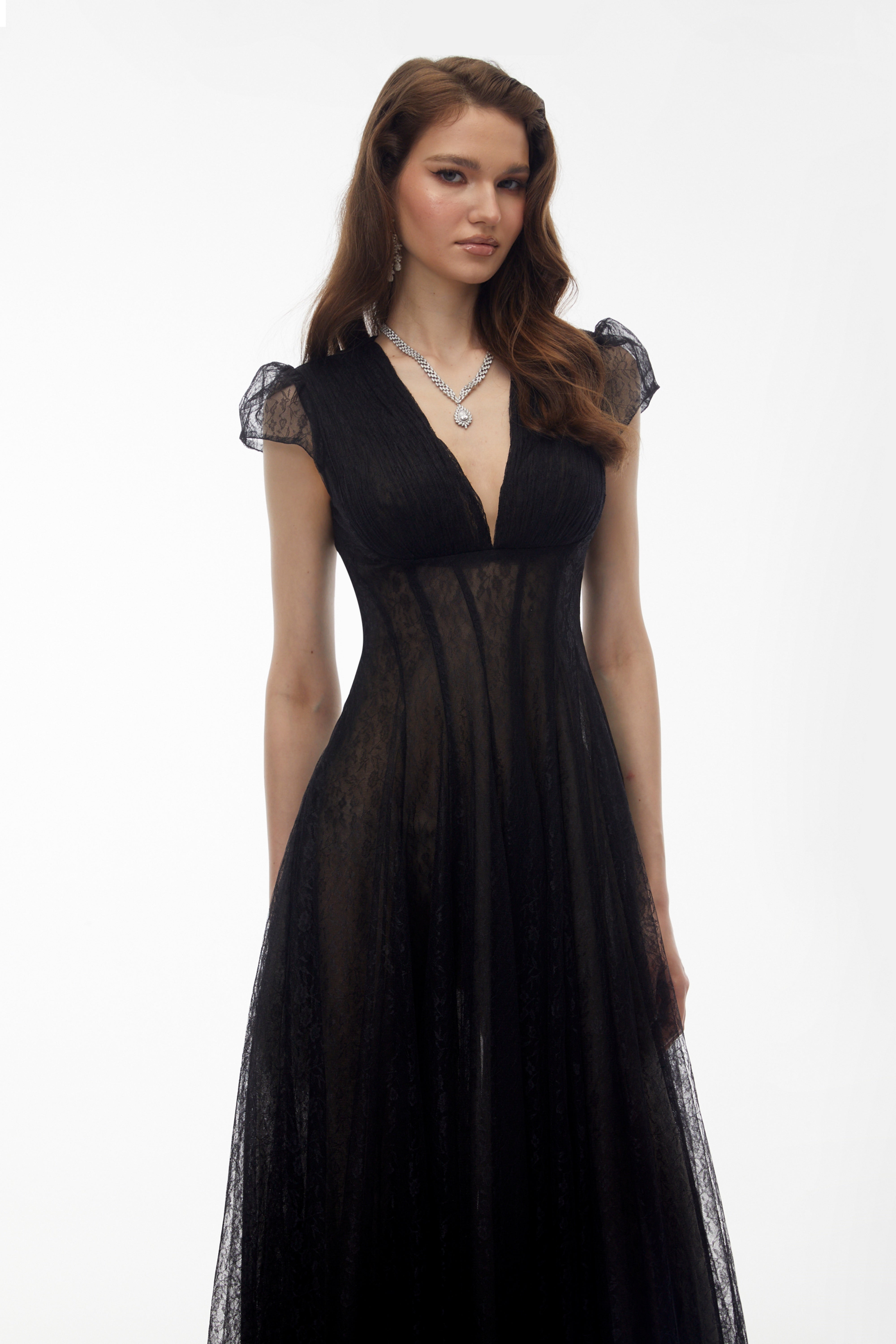 Radiya Black Floral Lace Pleated Maxi Dress (Final Sale-US Only)
