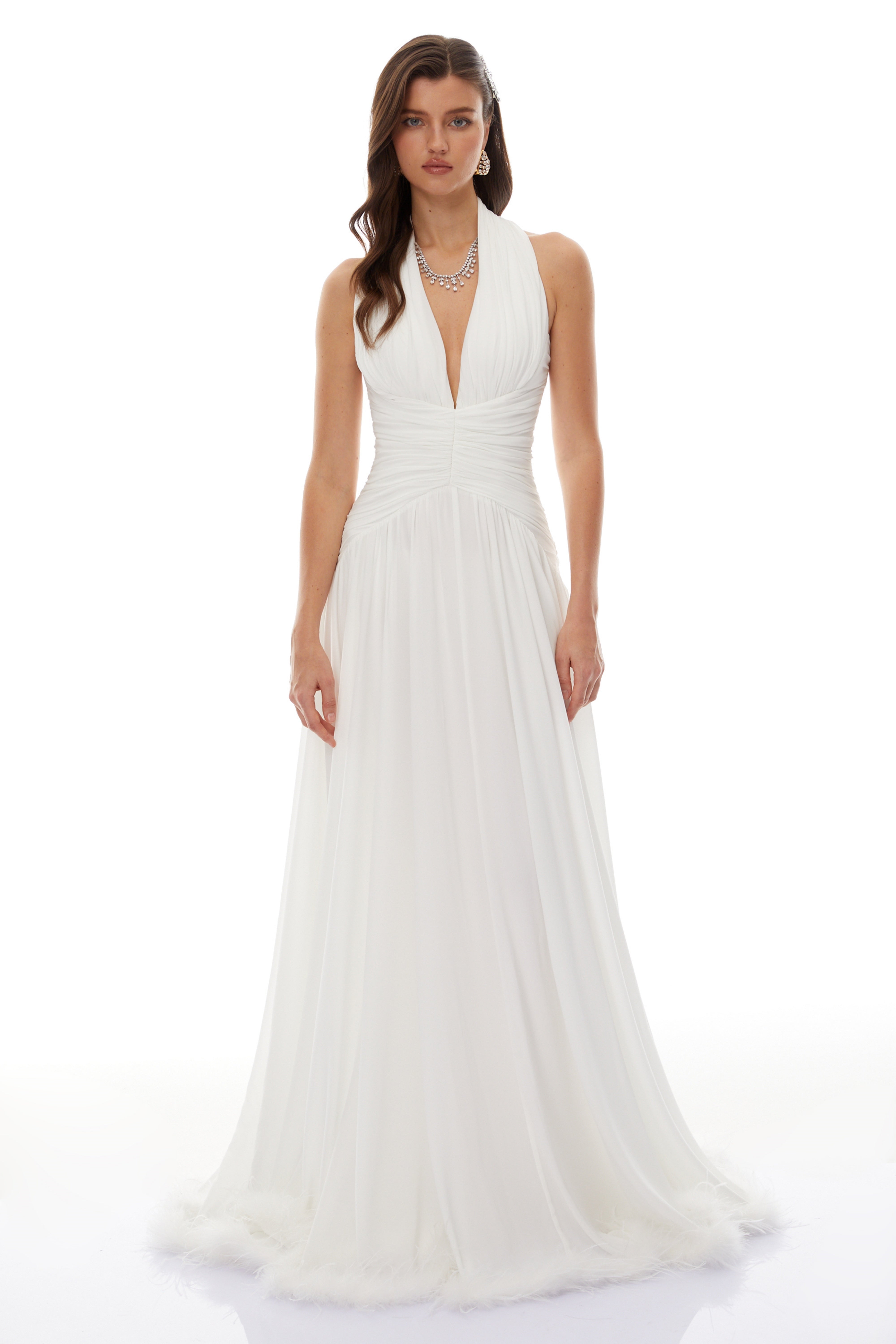 Ramona White Feather Hem Gathered Maxi Dress (Final Sale)