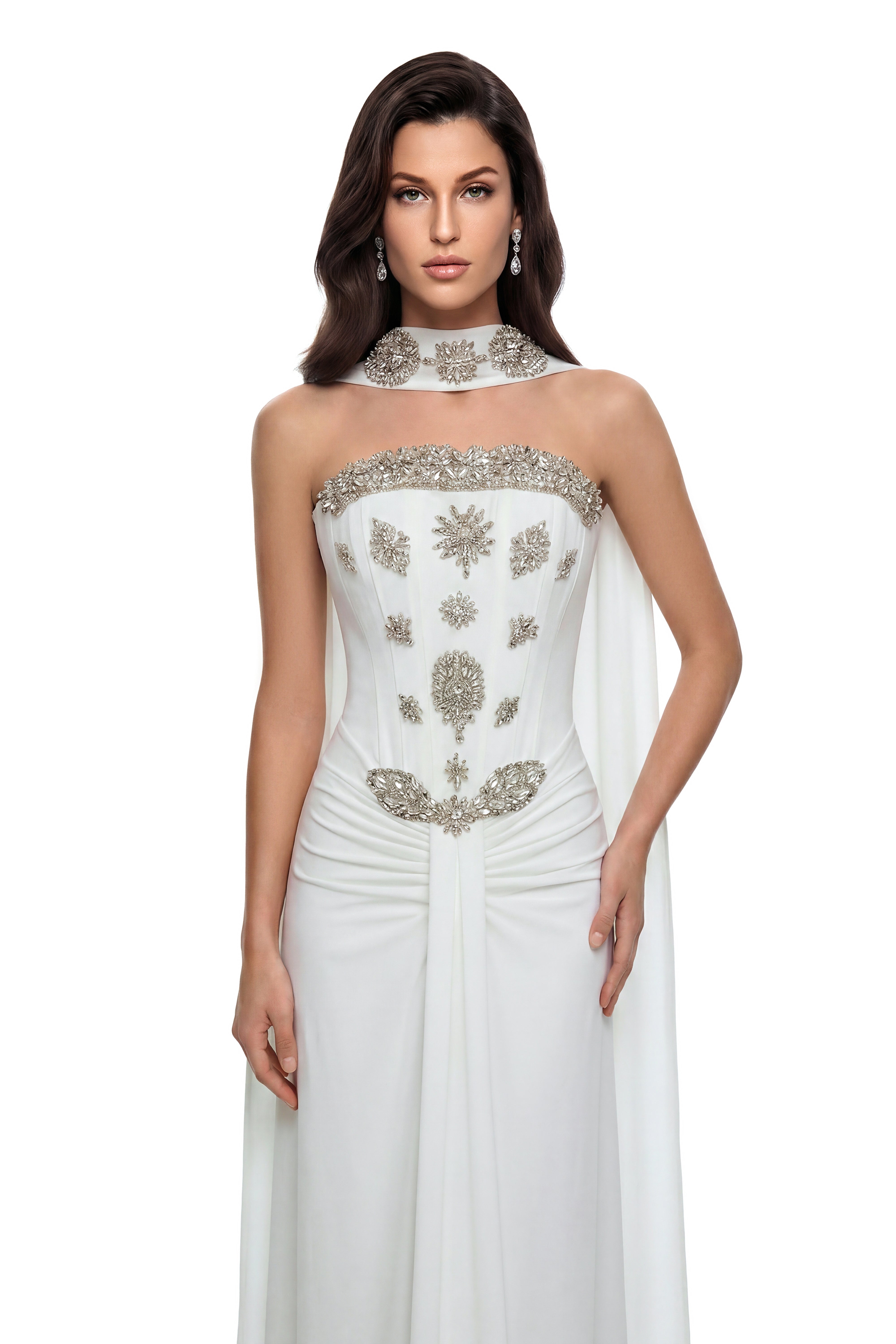 Reina White Embellished Maxi Dress with Ribbon