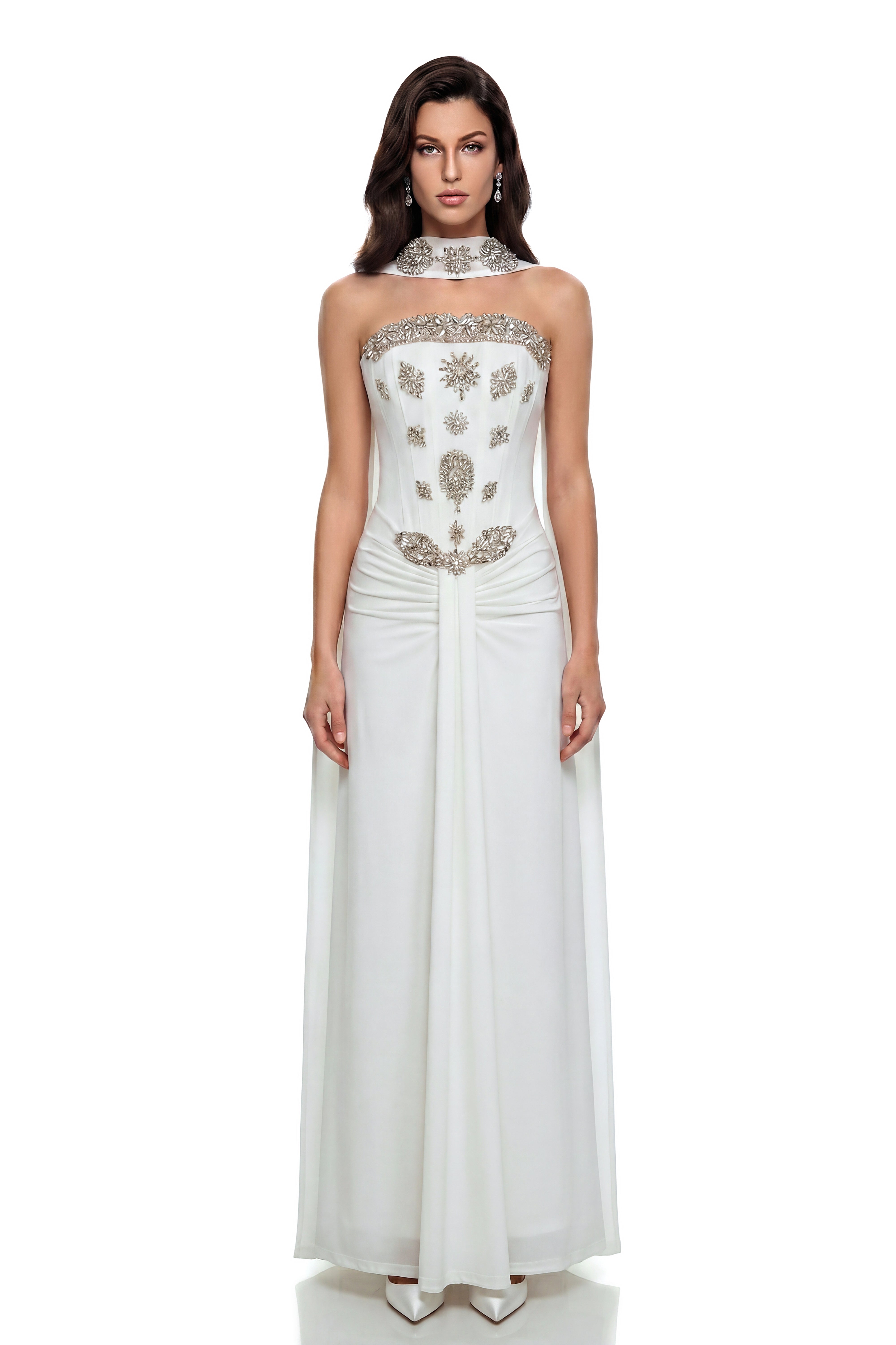 Reina White Embellished Maxi Dress with Ribbon