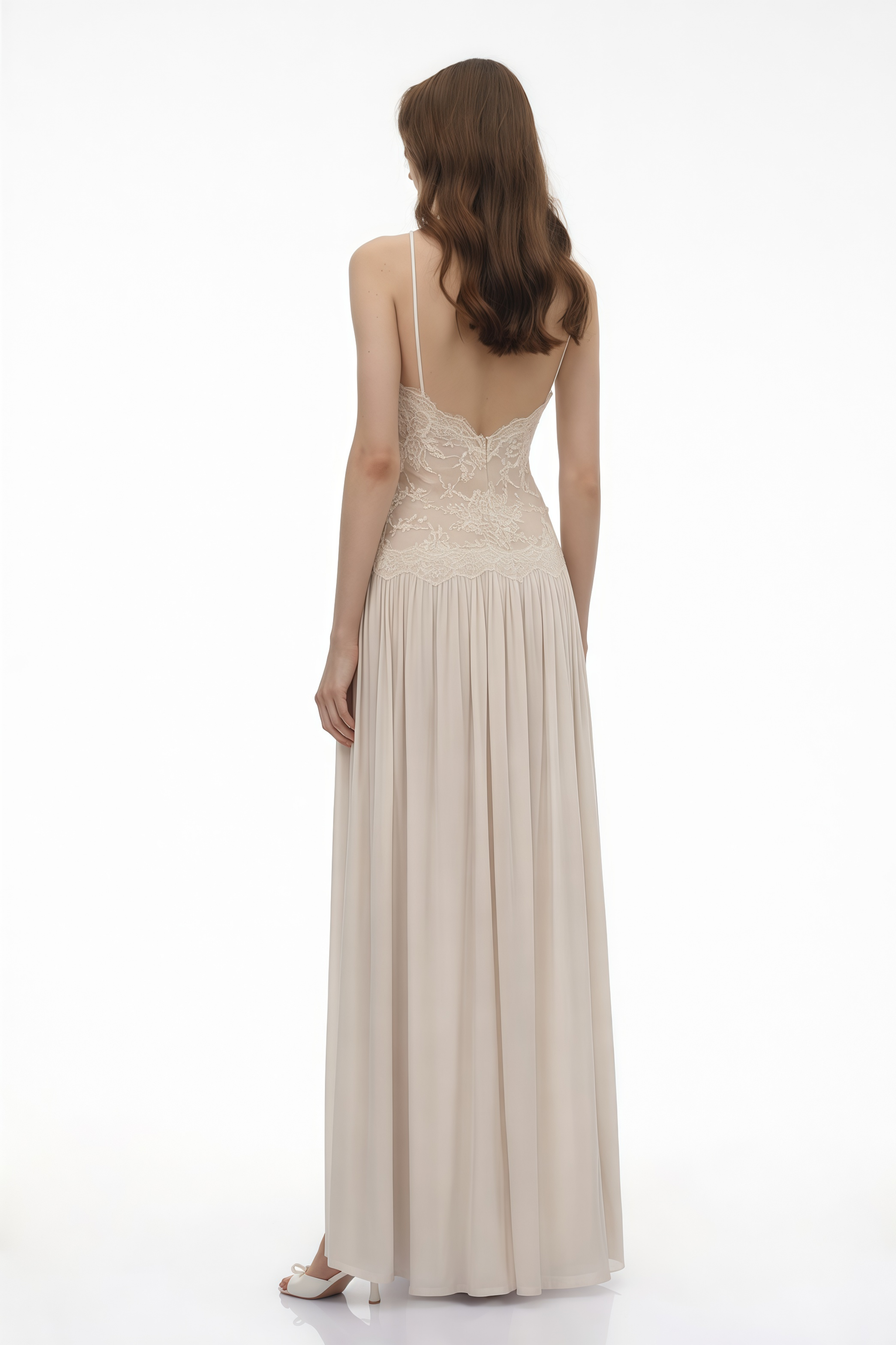 Off-white halter maxi dress with a lace bodice and pleated skirt