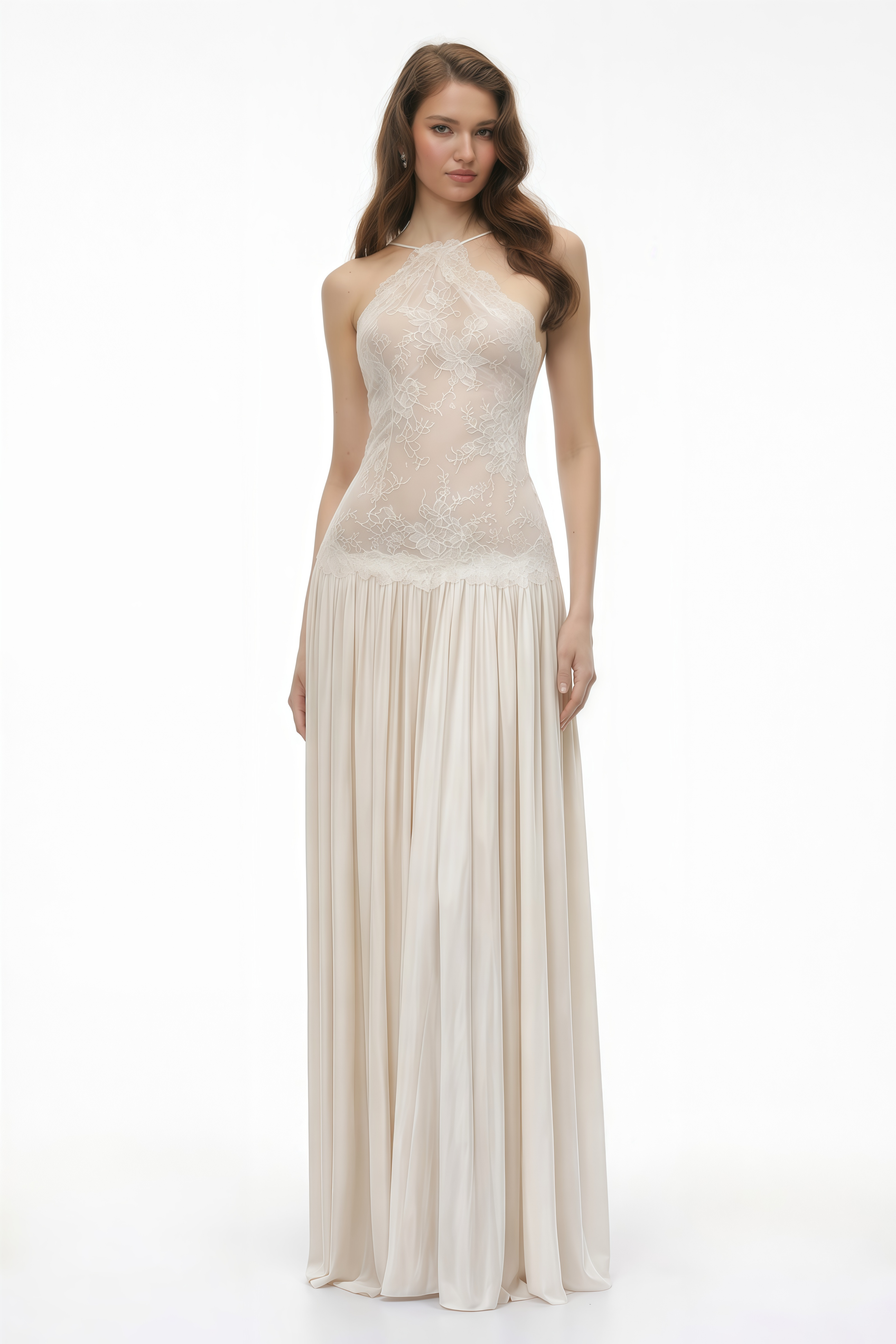 White Pleated Maxi Dress with Lace Panels