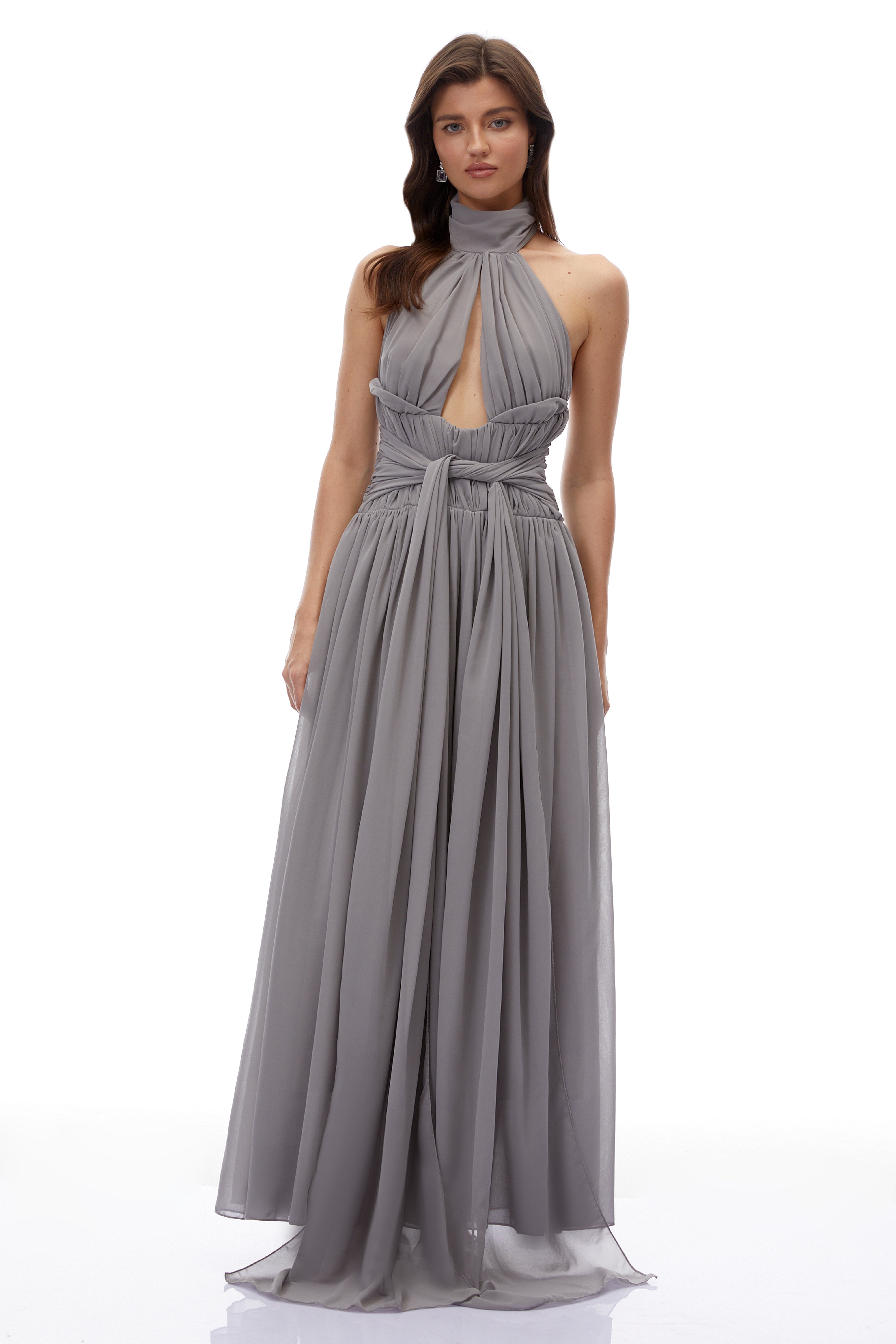 Remedios Grey Halterneck Ruched Maxi Dress