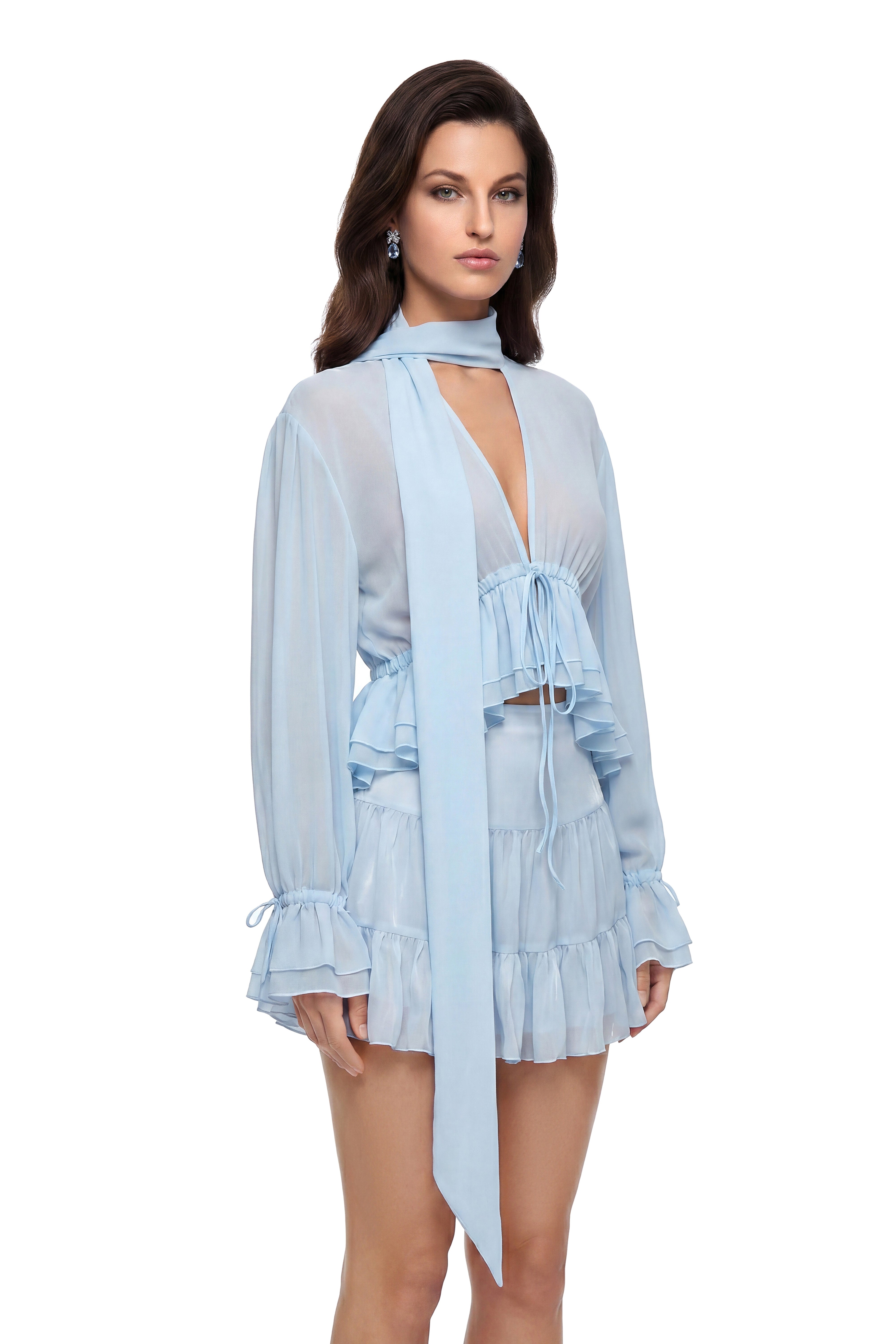Renan Dusty Blue Asymmetrical Ruffled Blouse