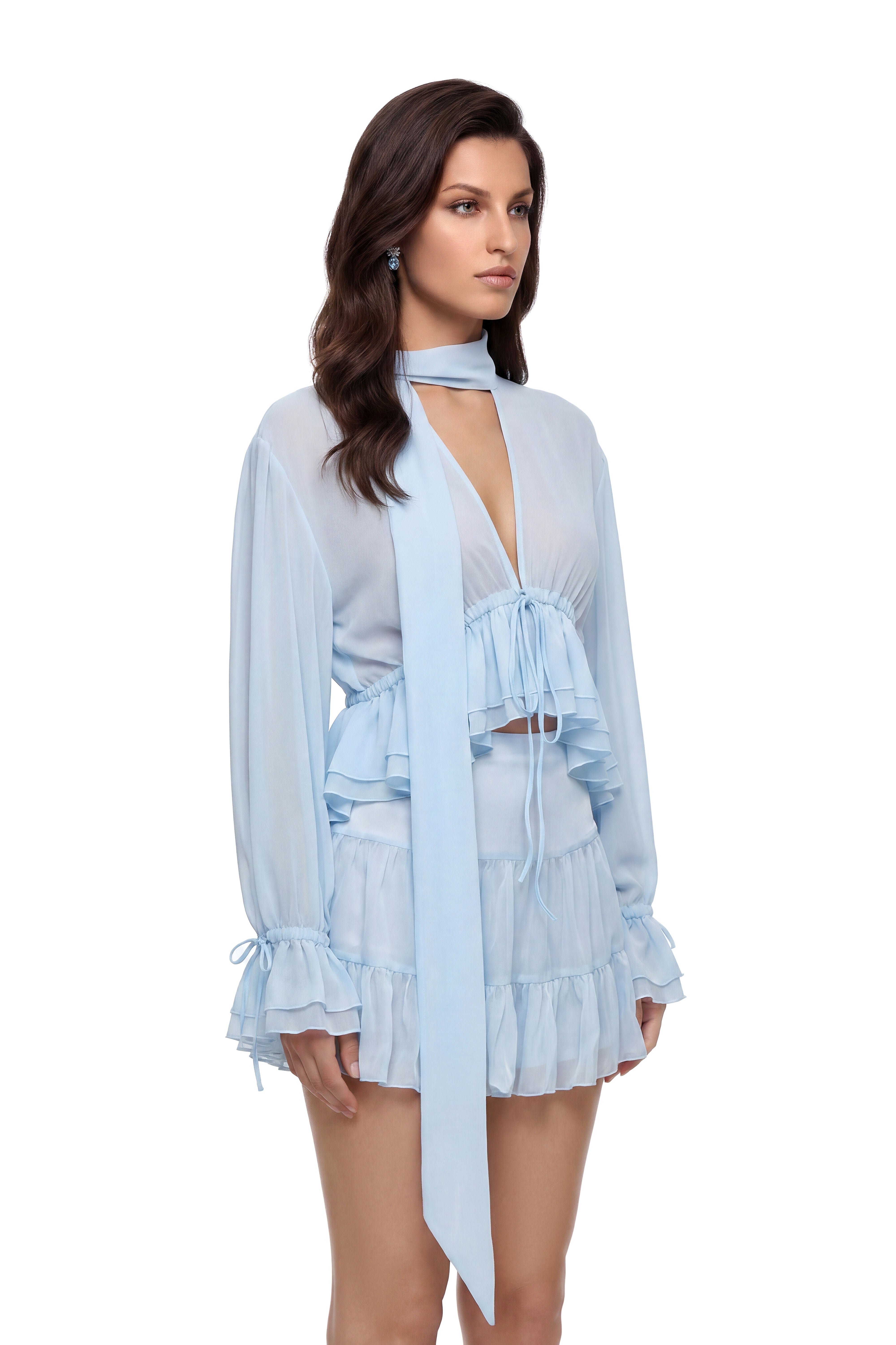 Renan Dusty Blue Asymmetrical Ruffled Blouse