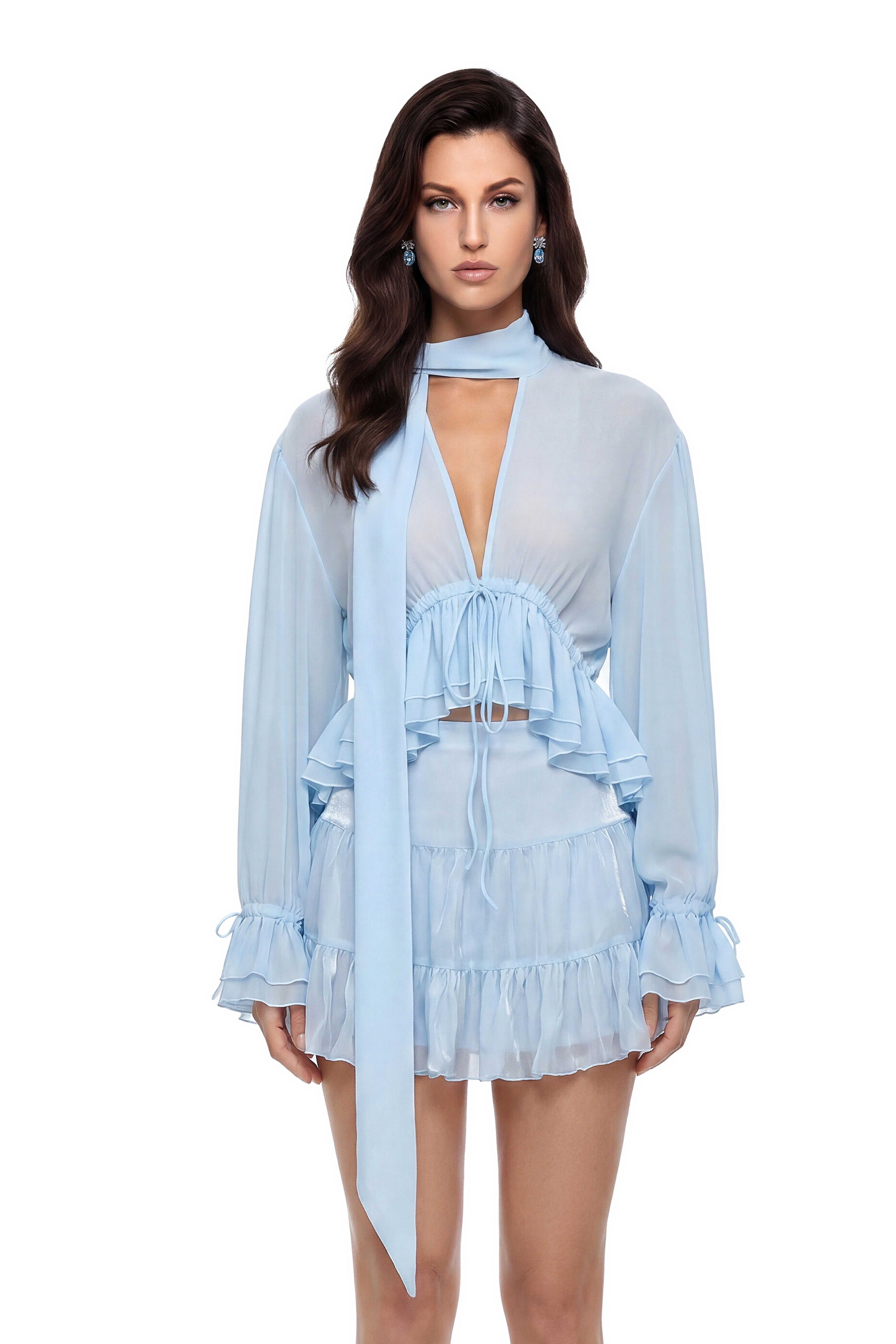 Renan Dusty Blue Asymmetrical Ruffled Blouse