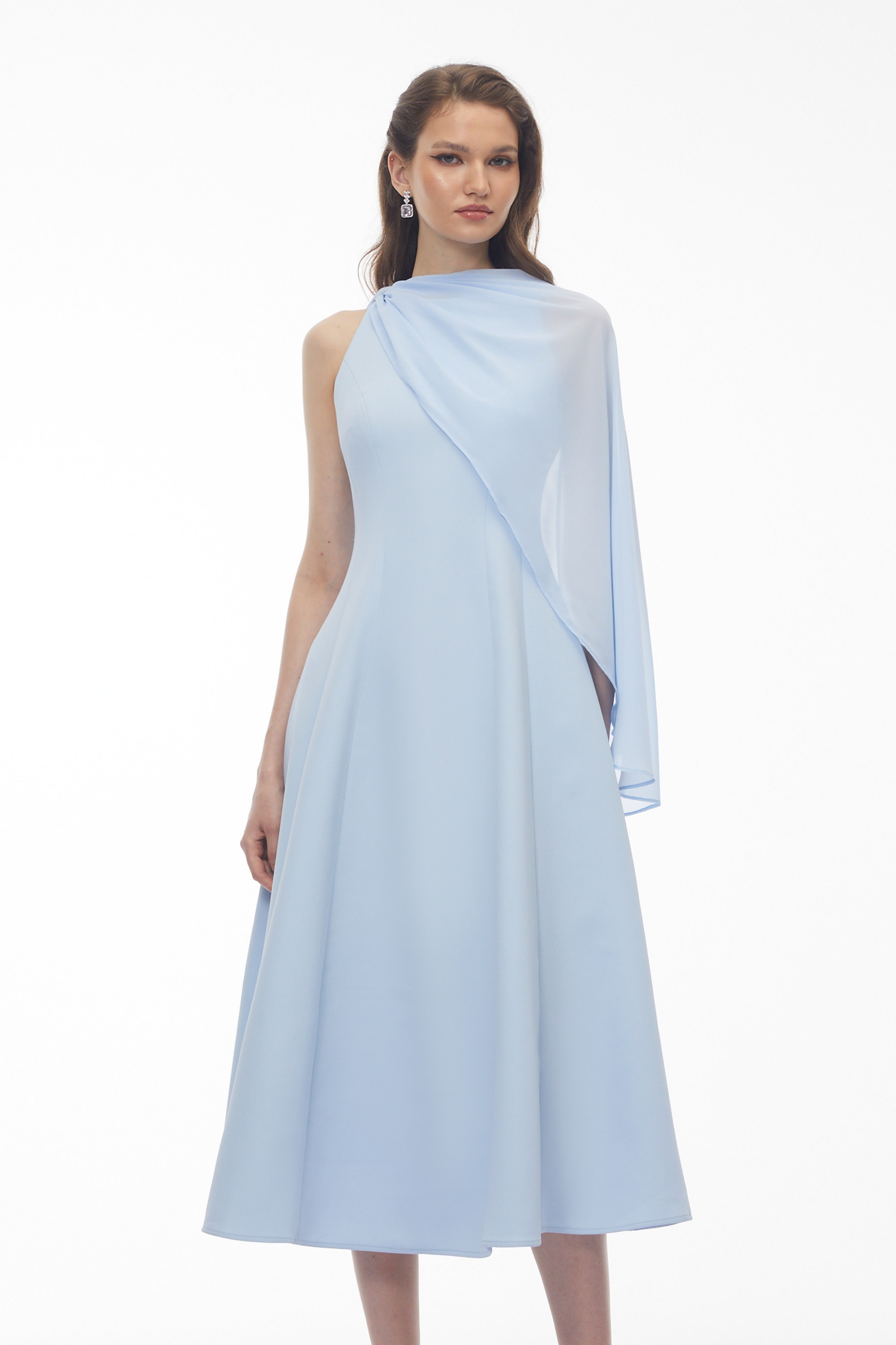 Renee Baby Blue Sleeveless Midi Dress with Draped Cape (Final Sale-US Only)