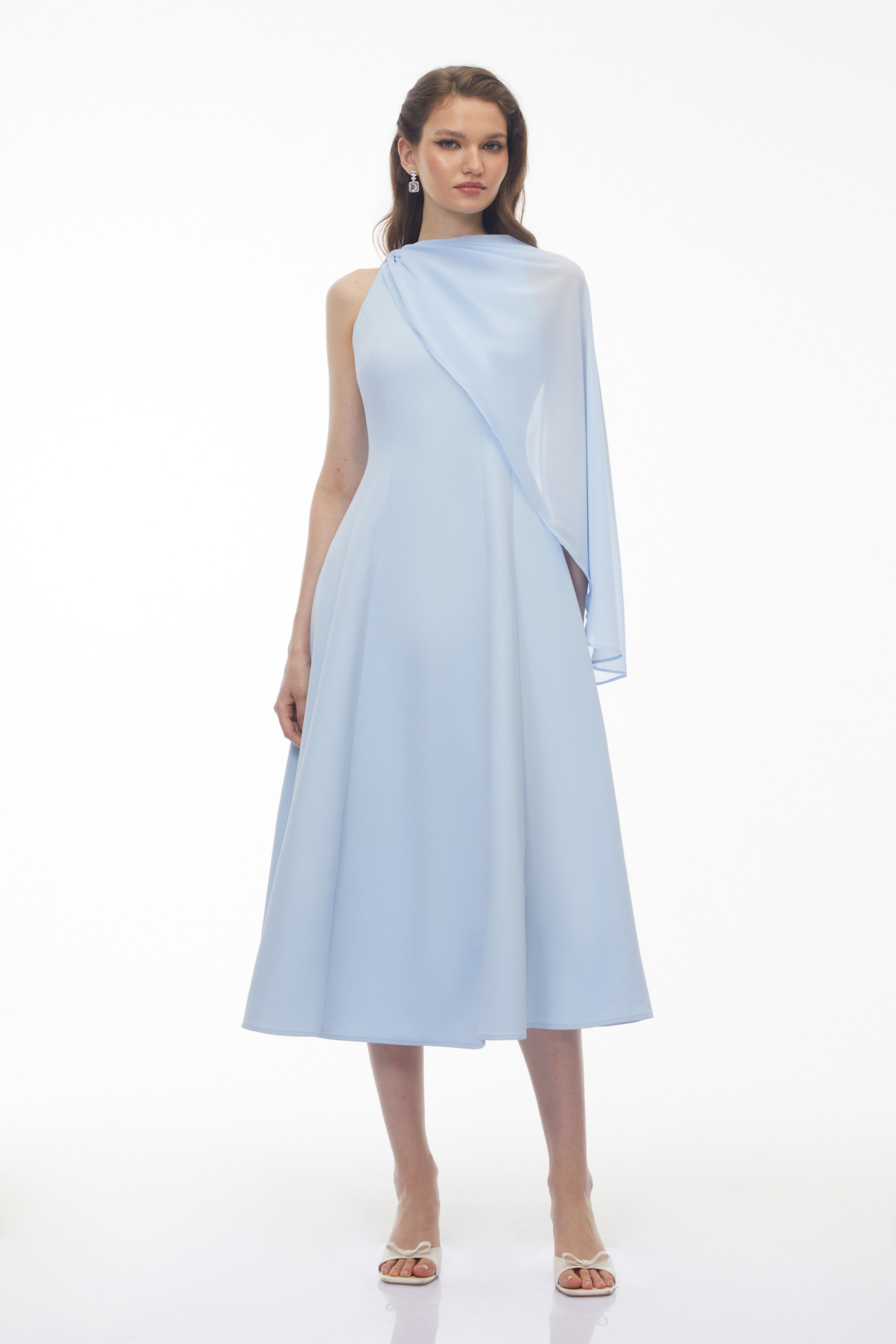 Renee Baby Blue Sleeveless Midi Dress with Draped Cape (Final Sale-US Only)