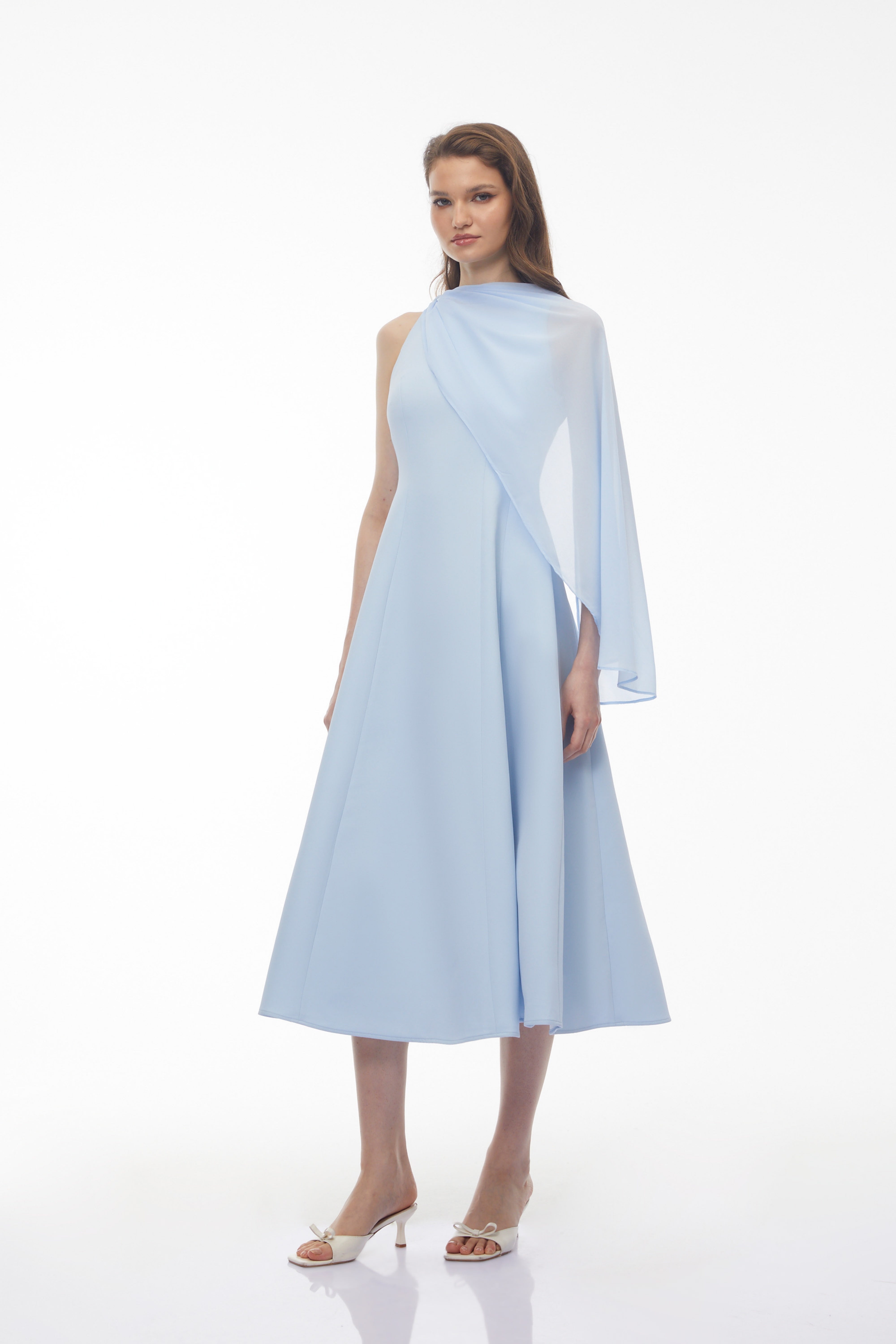 Renee Baby Blue Sleeveless Midi Dress with Draped Cape (Final Sale-US Only)