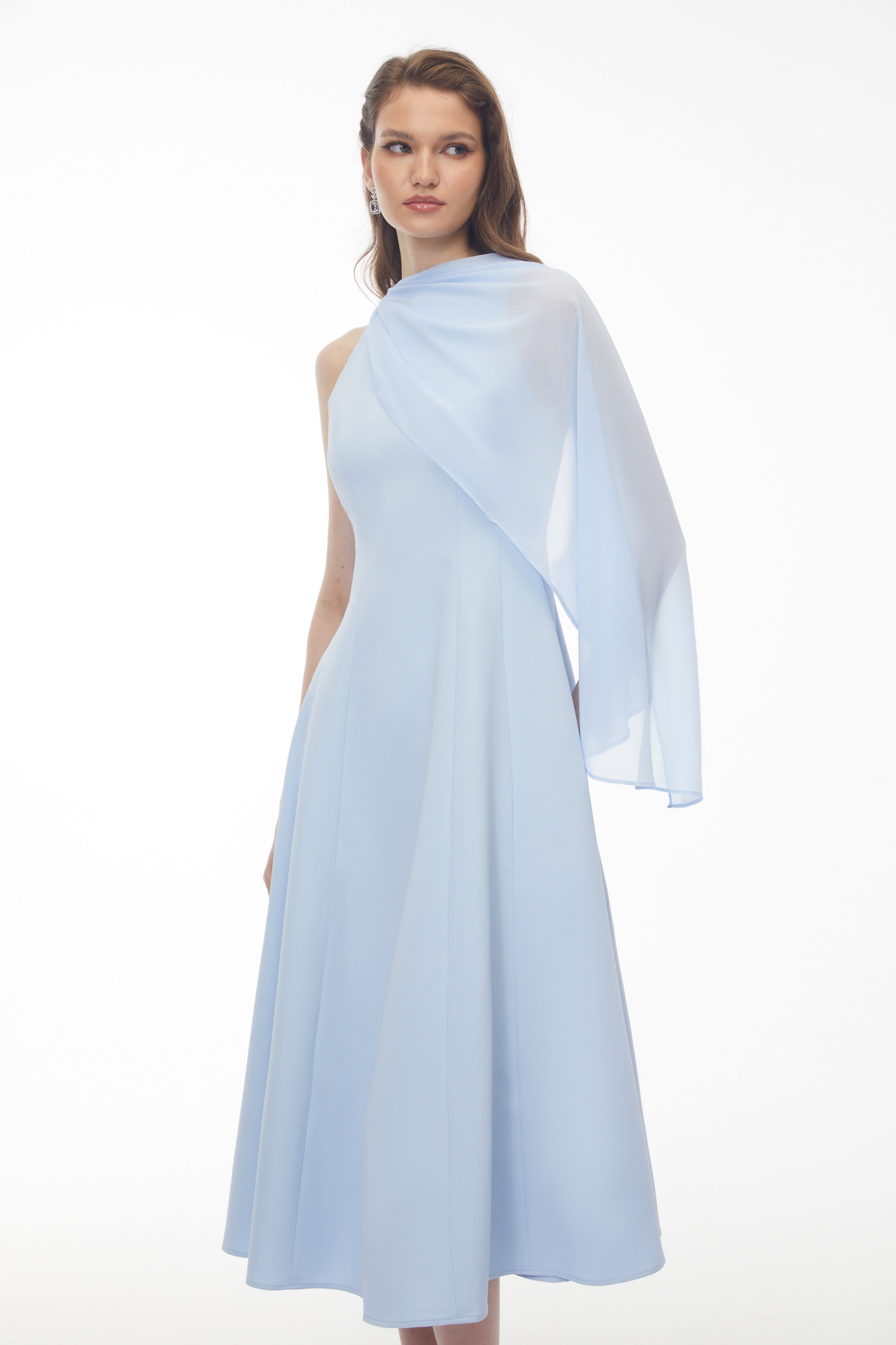 Renee Baby Blue Sleeveless Midi Dress with Draped Cape (Final Sale-US Only)